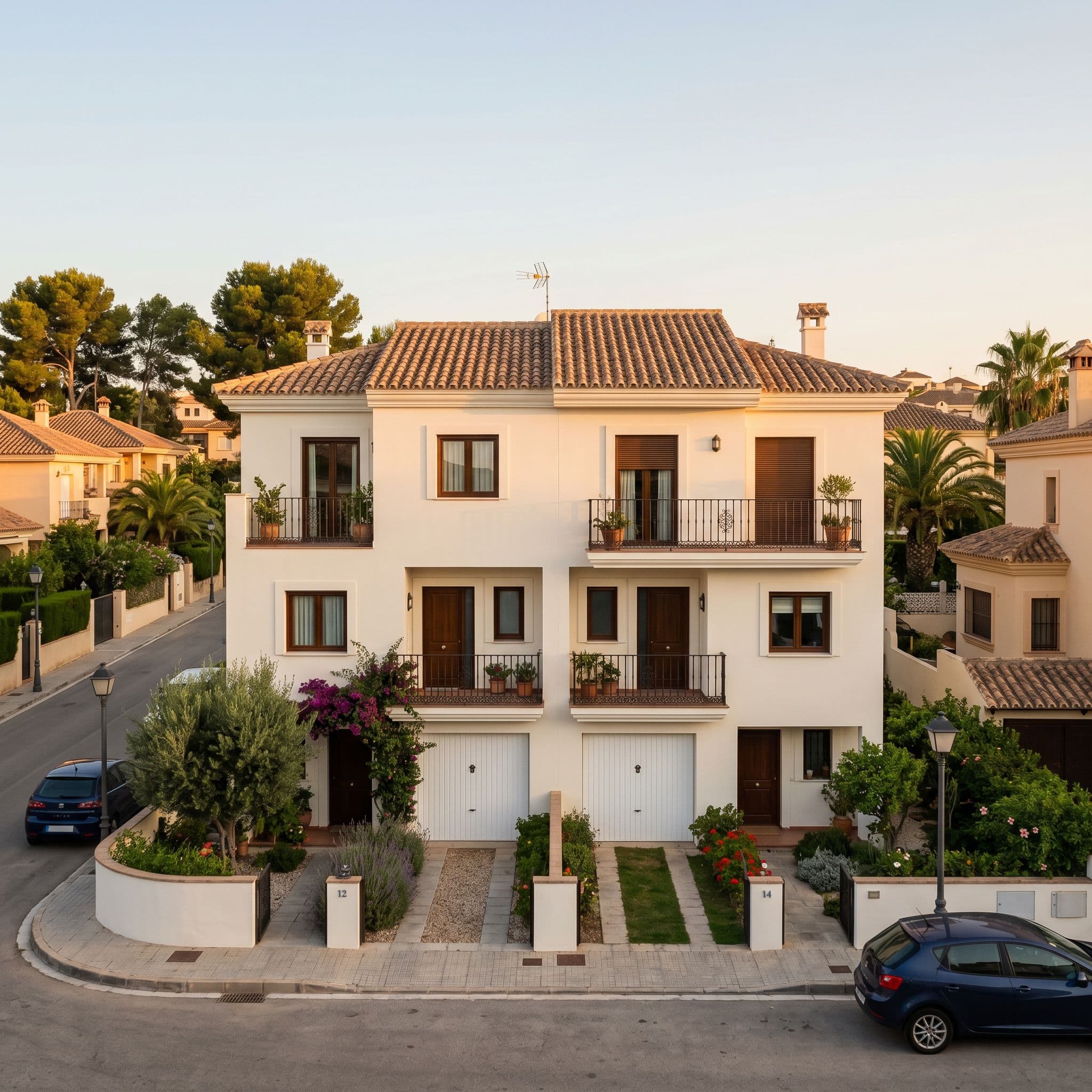 Vivienda adosada española tras rehabilitación estética de fachada con pintura siloxánica blanco cálido recién aplicada