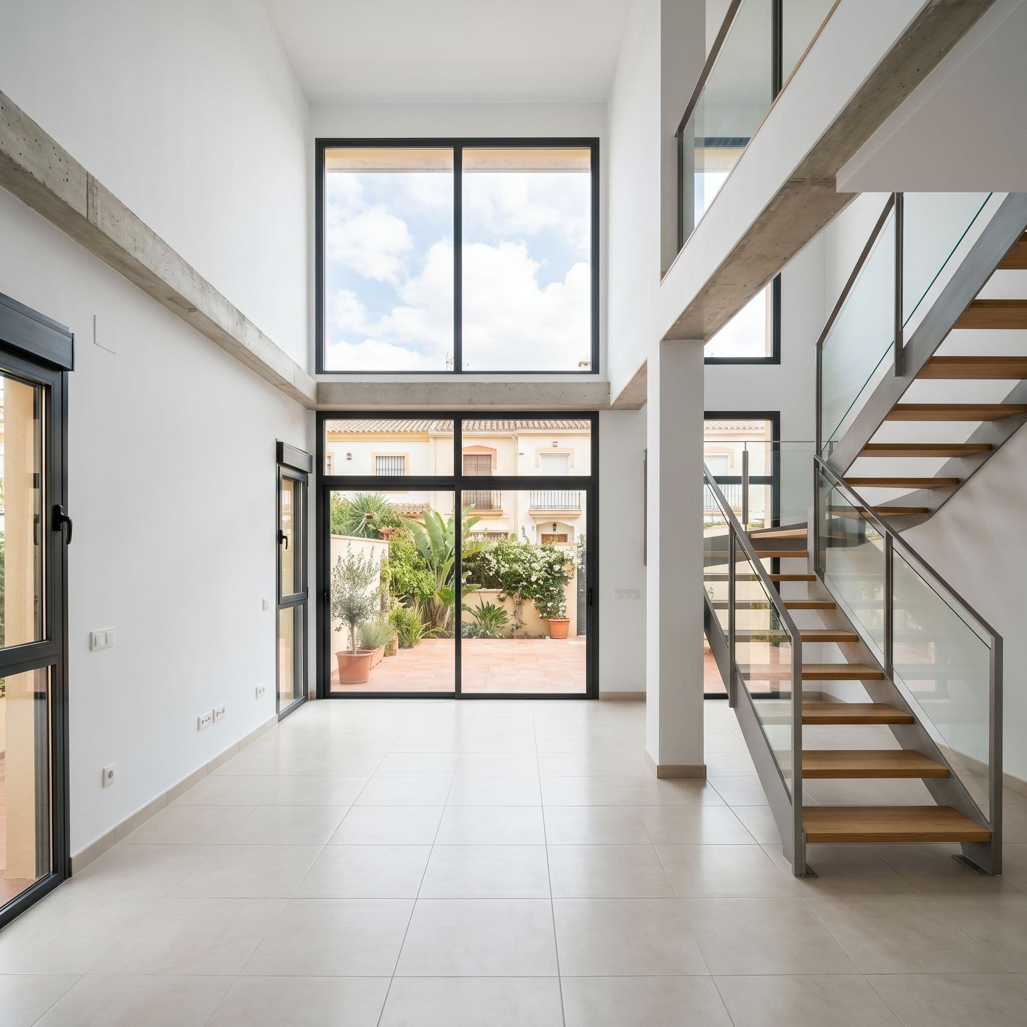 Adosado vivienda unifamiliar urbanización española repintado interior vacío blanco salón doble altura preparado venta