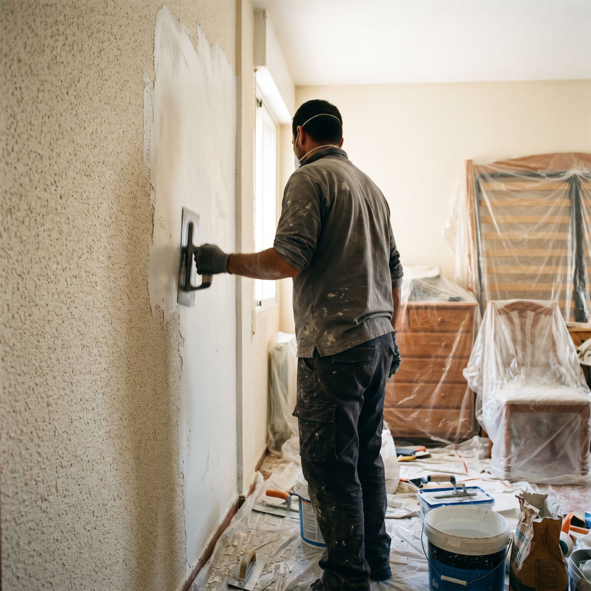 Alisado estándar de una pared con gotelé fino en vivienda habitada con dos manos de plaste sobre el relieve