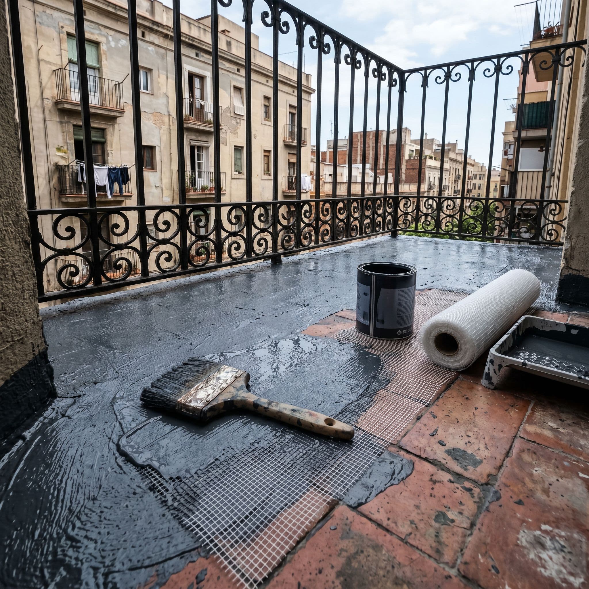 Aplicación de caucho líquido con malla de fibra de vidrio en balcón pequeño residencial