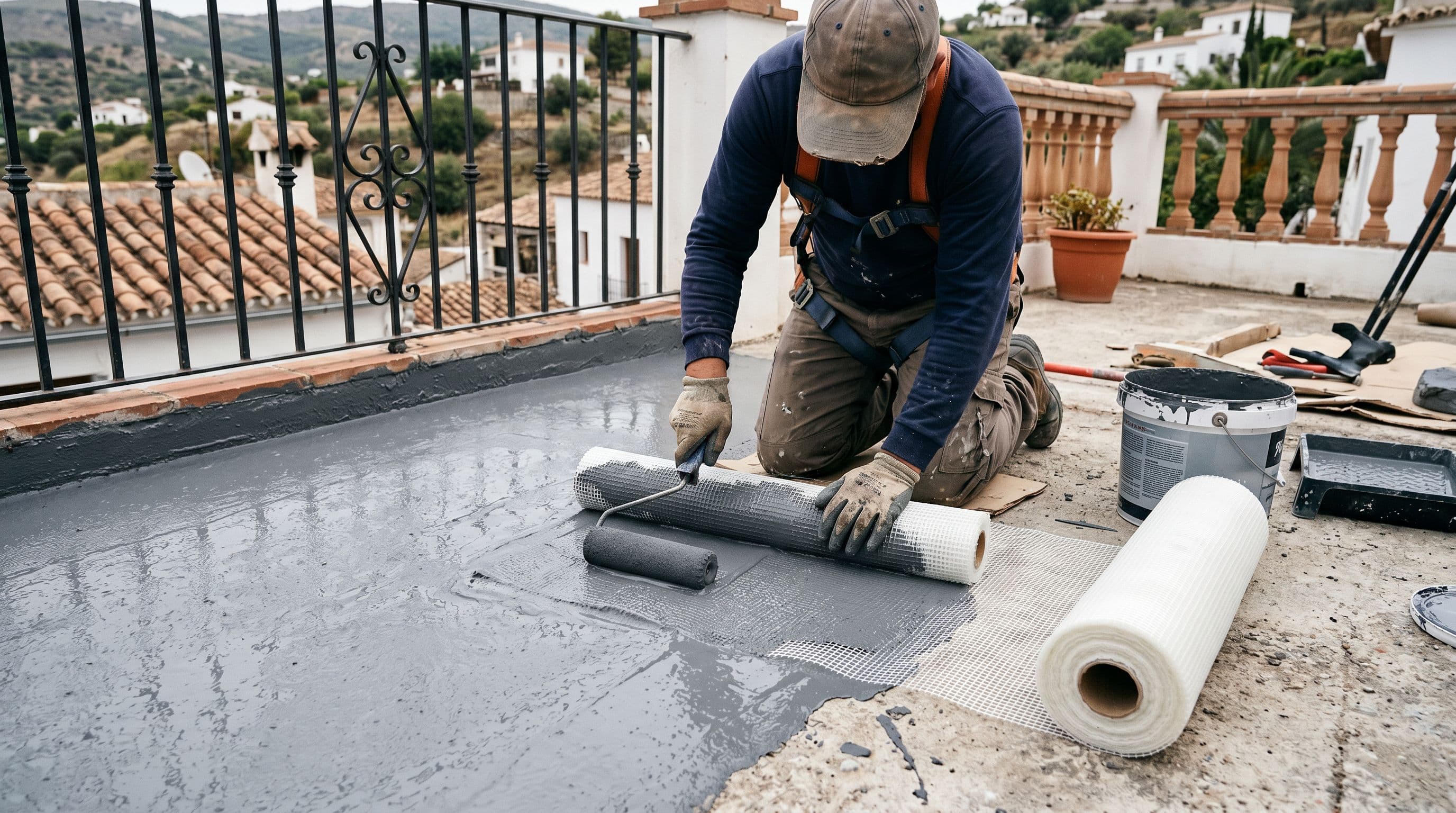 Aplicación de caucho líquido con malla de fibra de vidrio embebida entre capas sobre la superficie de una terraza