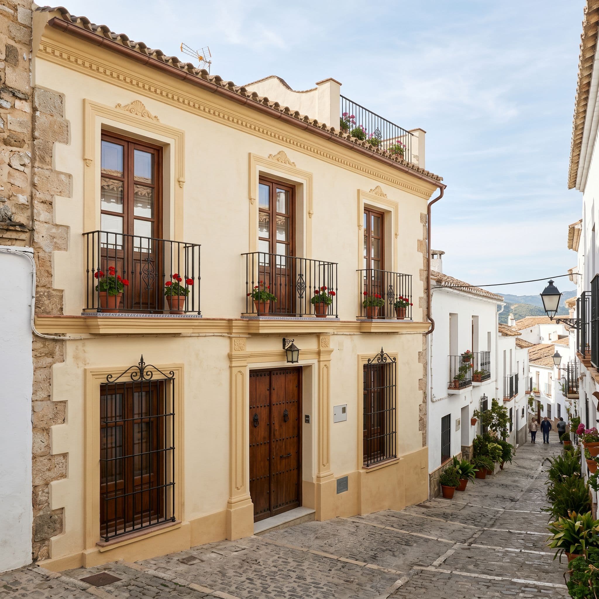 Casa de pueblo tradicional española tras rehabilitación patrimonial con estuco de cal restaurado y carácter histórico preservado