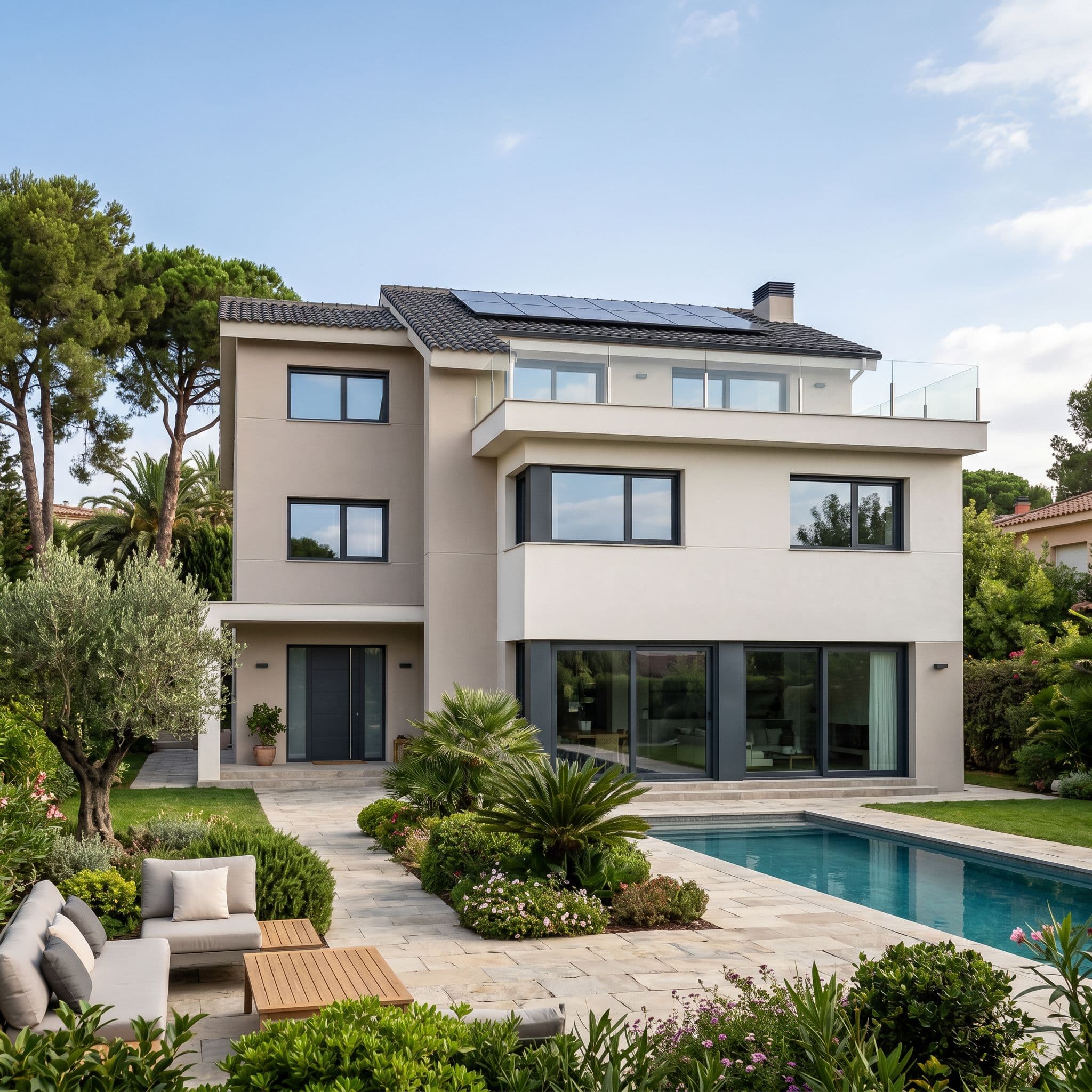 Chalet grande español tras rehabilitación energética integral con SATE Premium y carpintería de aluminio nueva con doble vidrio