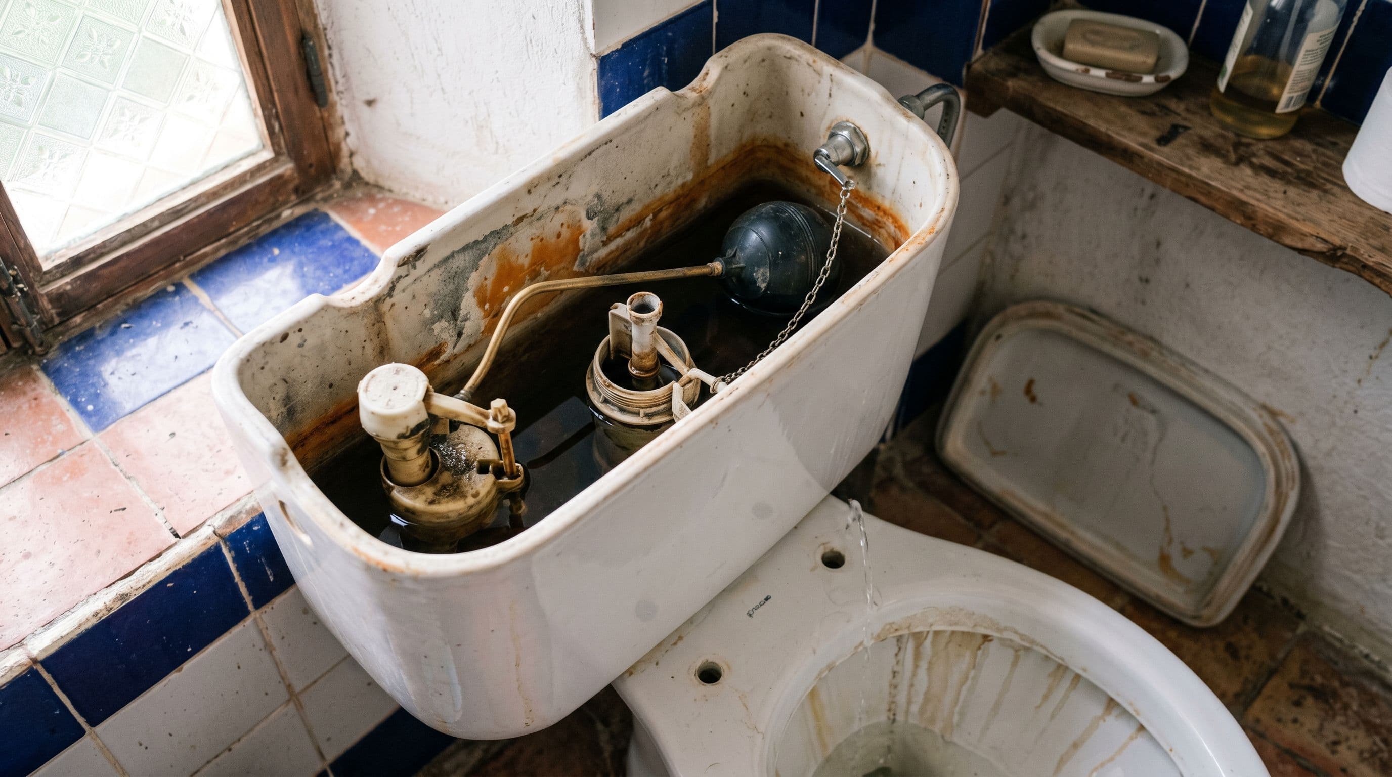 Cisterna de inodoro abierta mostrando el mecanismo interno y un hilo de agua que cae continuamente a la taza