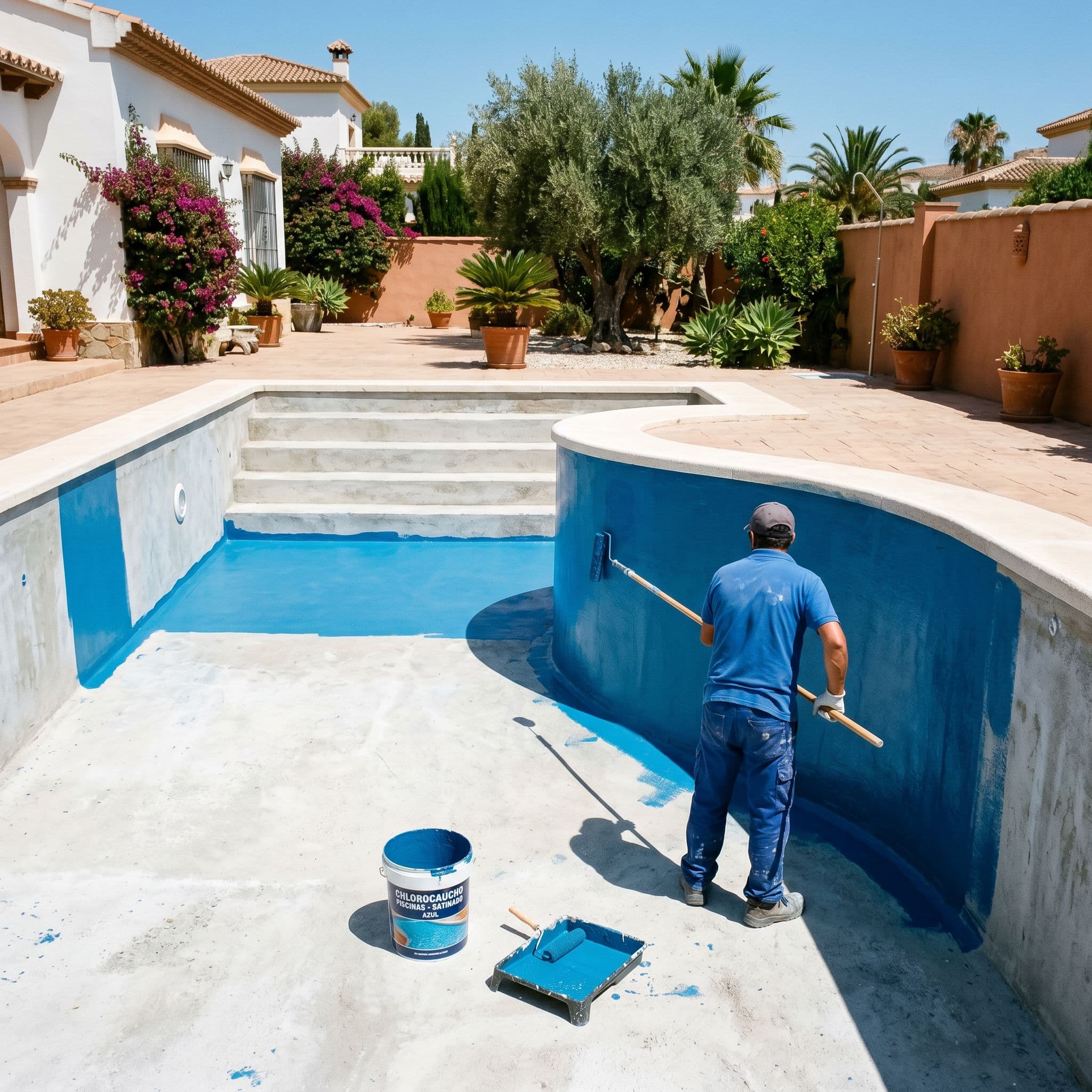 Pintura de clorocaucho azul aplicada con rodillo en el vaso de una piscina como impermeabilización económica