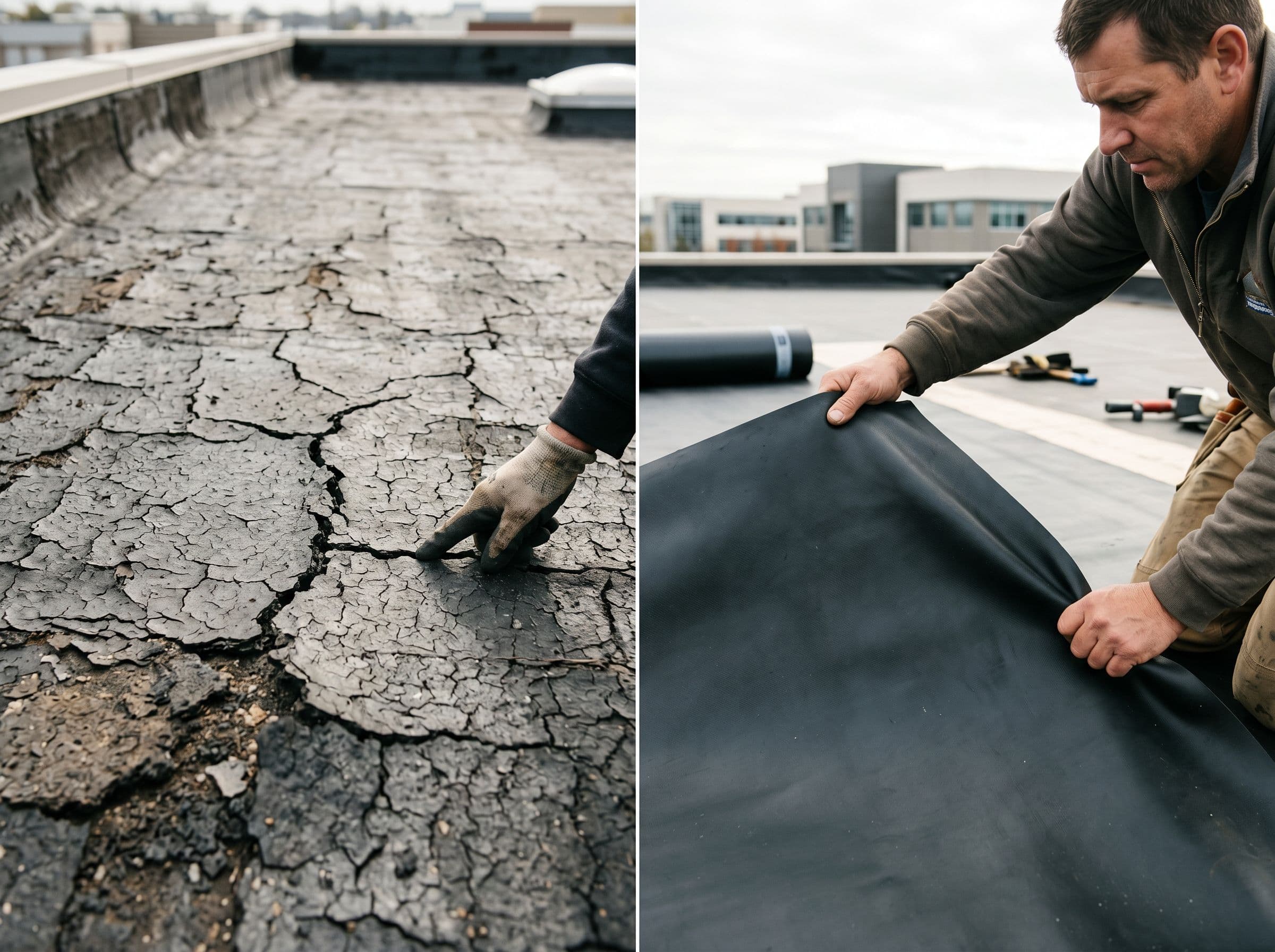 Comparativa de durabilidad entre una lámina asfáltica agrietada y una lámina EPDM intacta estirada a mano mostrando su elasticidad y longevidad