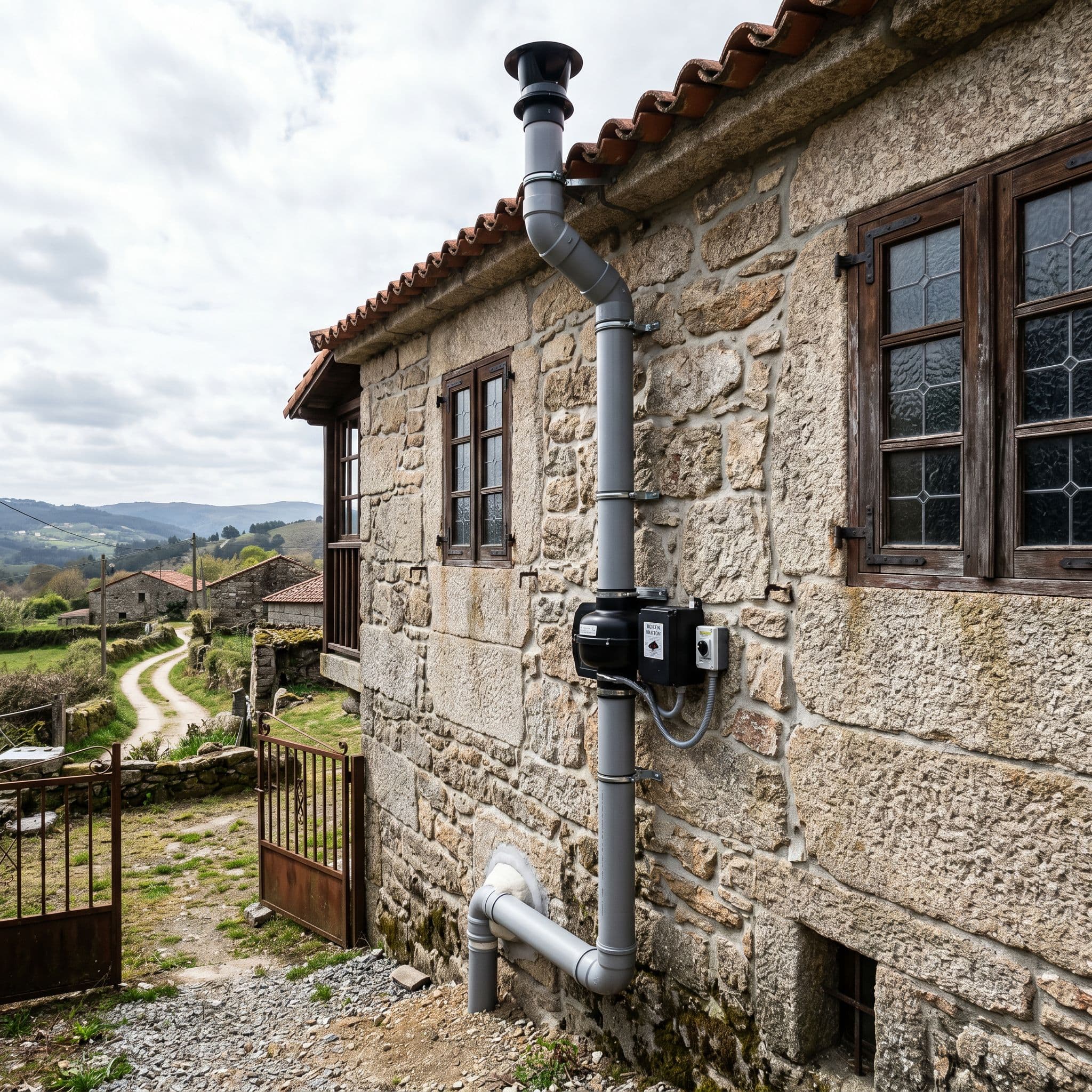 Sistema de despresurización del terreno con chimenea de expulsión instalado en una vivienda unifamiliar gallega