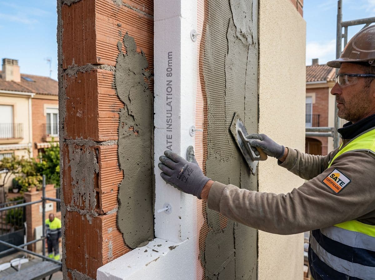 Detalle constructivo del sistema multicapa SATE en fases sucesivas de aplicación sobre fachada residencial española con aplicador certificado