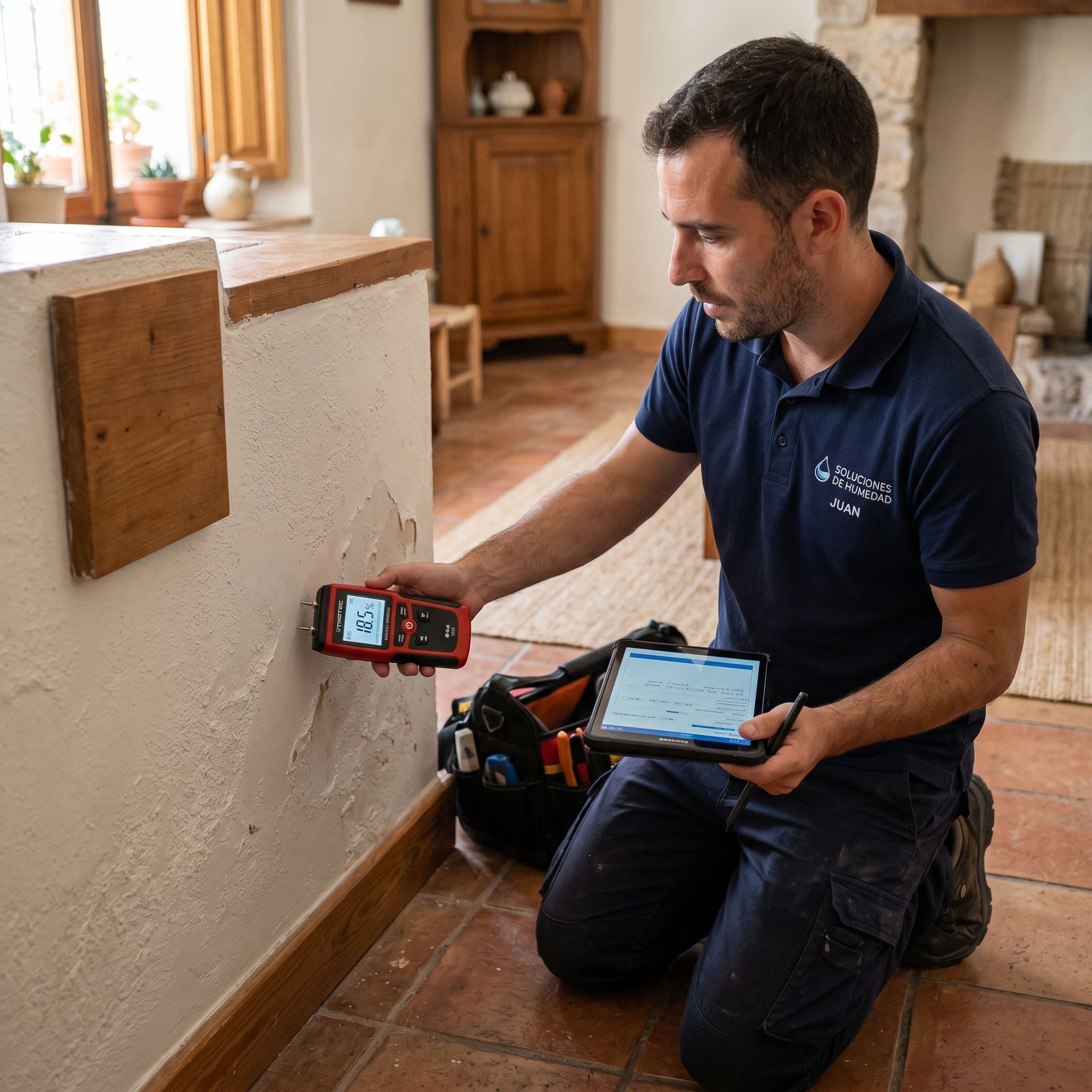 Técnico midiendo humedad de pared con higrómetro de contacto digital para diagnóstico