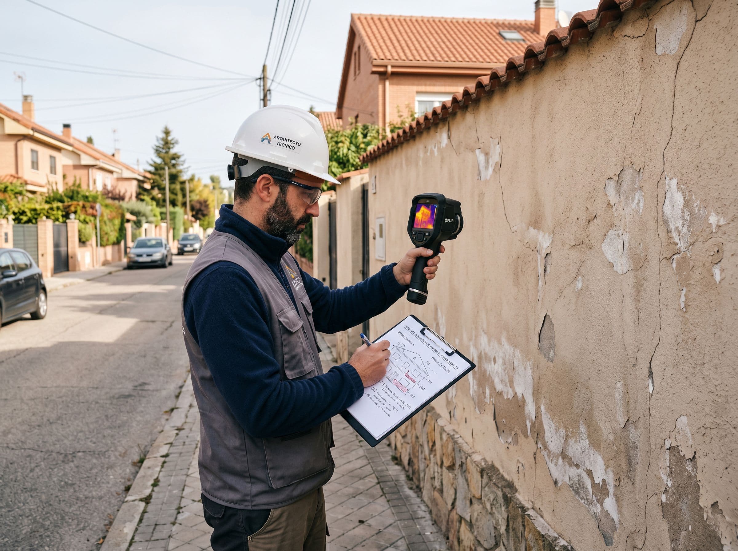 Diagnóstico técnico y termográfico profesional de la fachada de una vivienda unifamiliar por arquitecto técnico antes de la rehabilitación