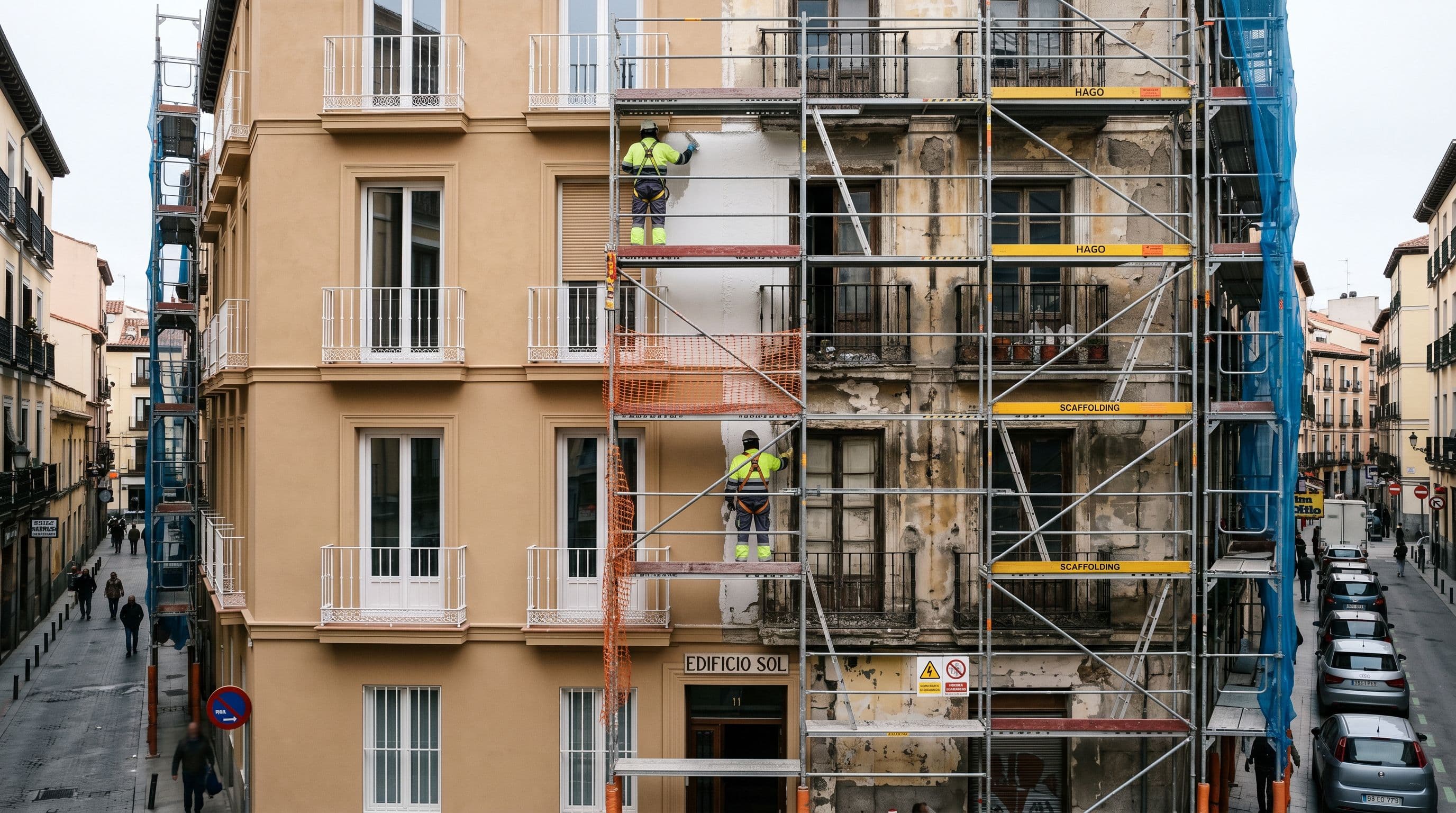 Edificio residencial español en rehabilitación de fachada con andamio certificado y la mitad renovada frente a la zona deteriorada