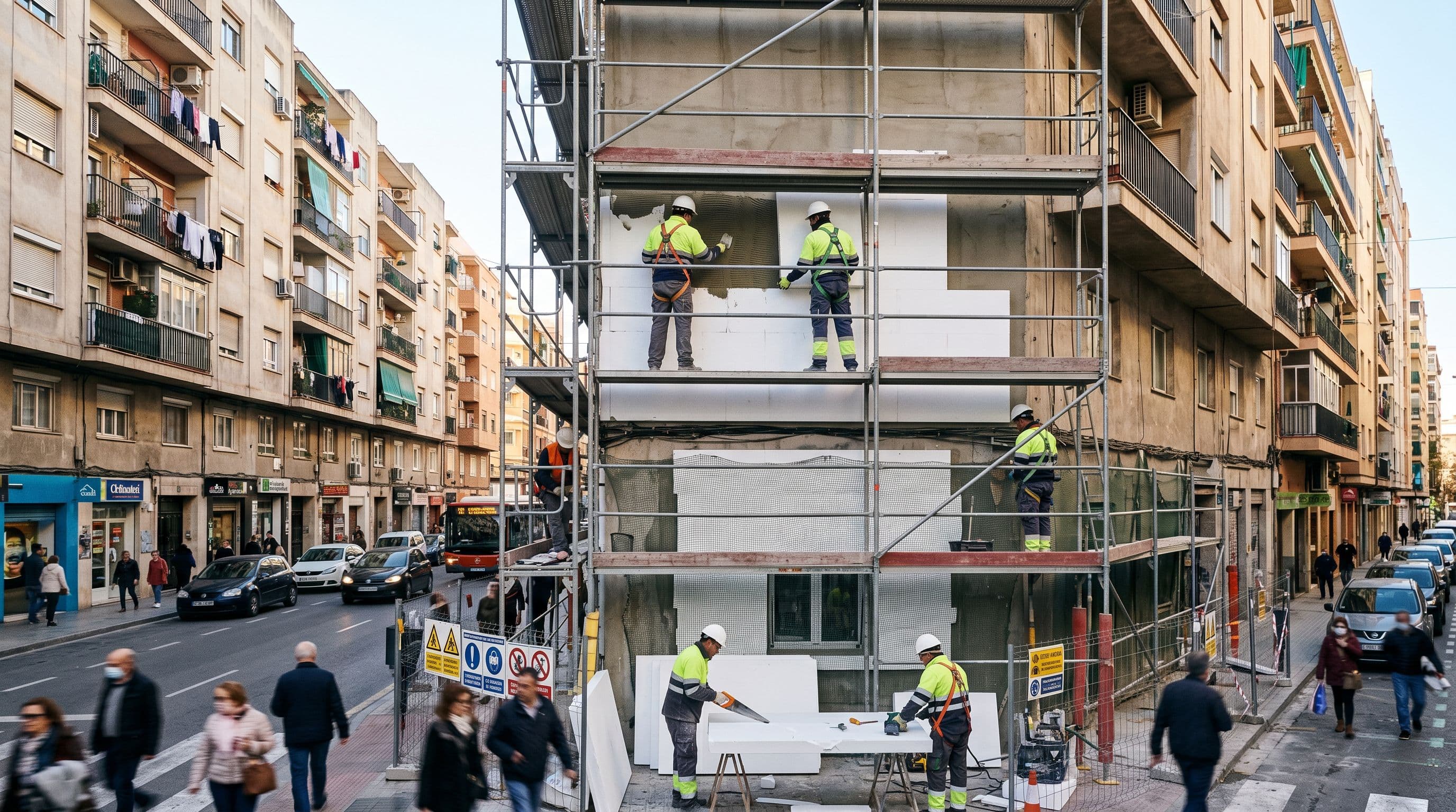 Empresa especializada realizando aislamiento de una fachada en un edificio residencial