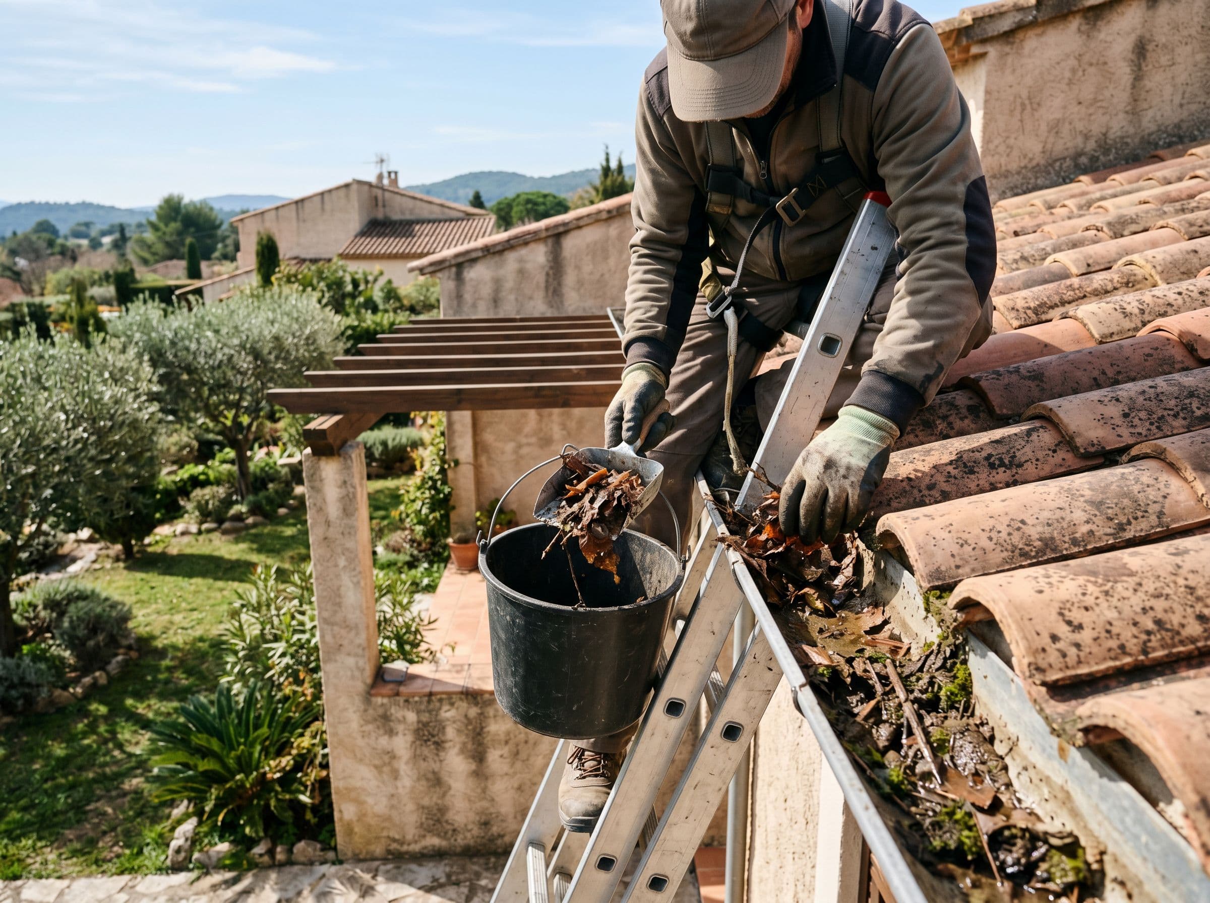 Empresa especializada realizando una limpieza de canalones en una vivienda española