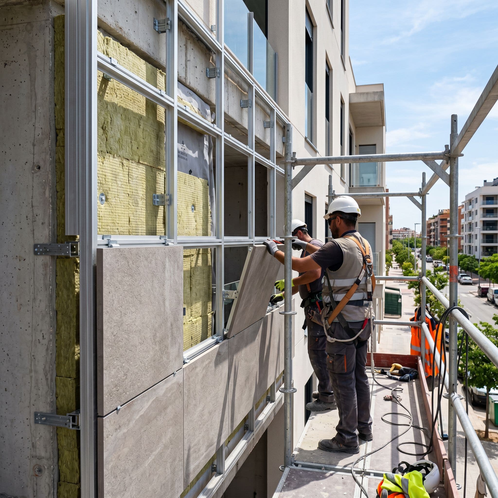 Instalación de fachada ventilada con revestimiento de gran formato sobre subestructura y aislamiento