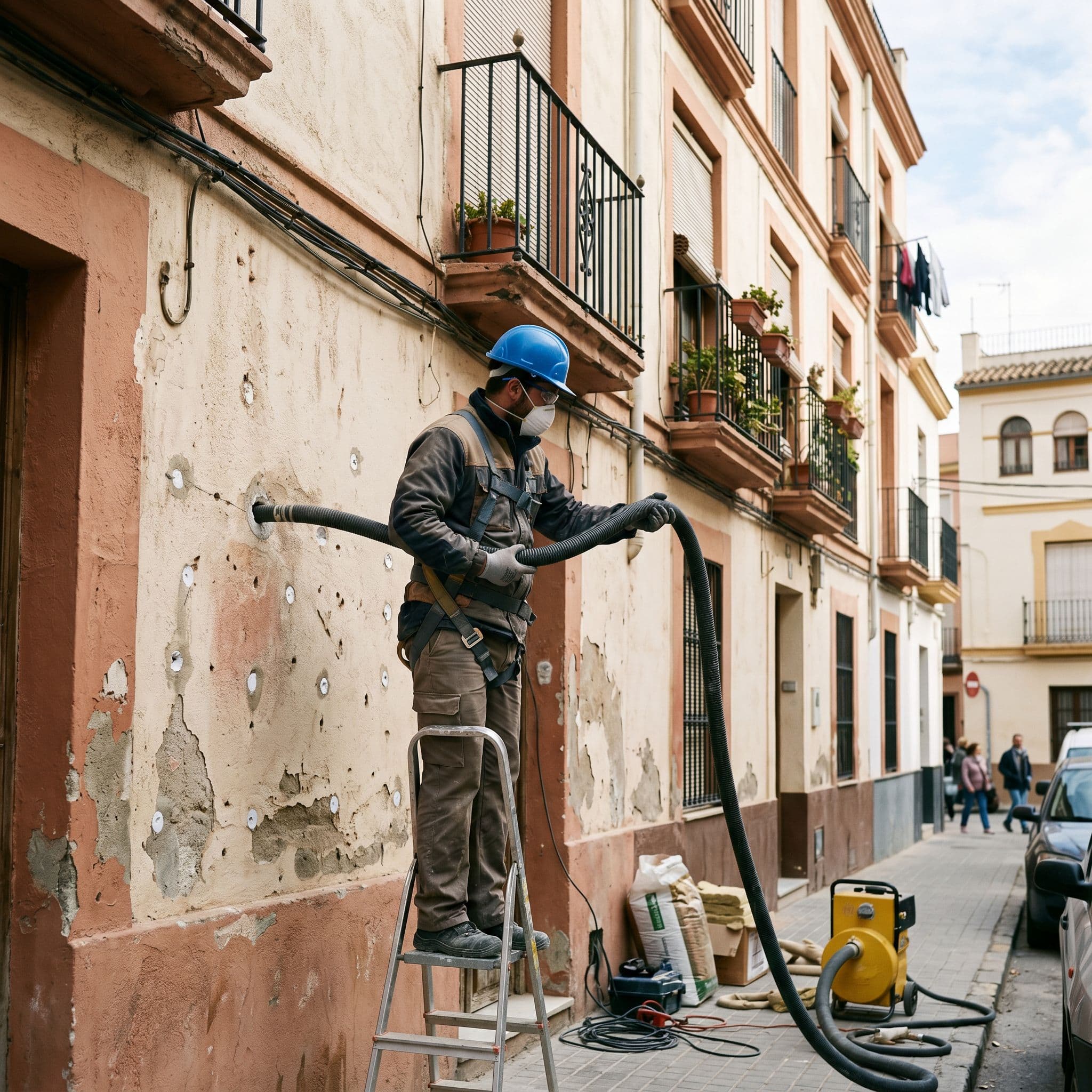 Aislamiento insuflado en la cámara de aire de la fachada de un piso