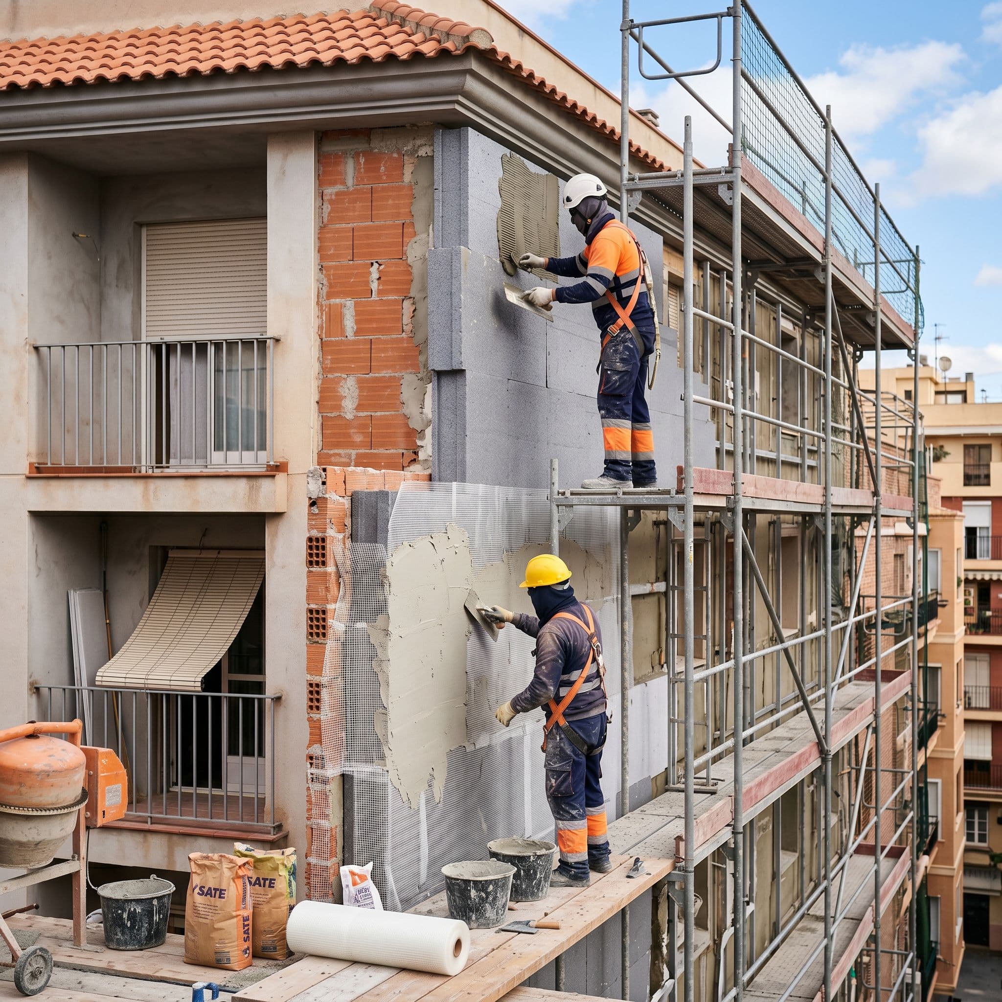 Instalación de sistema SATE en la fachada de un edificio residencial en comunidad