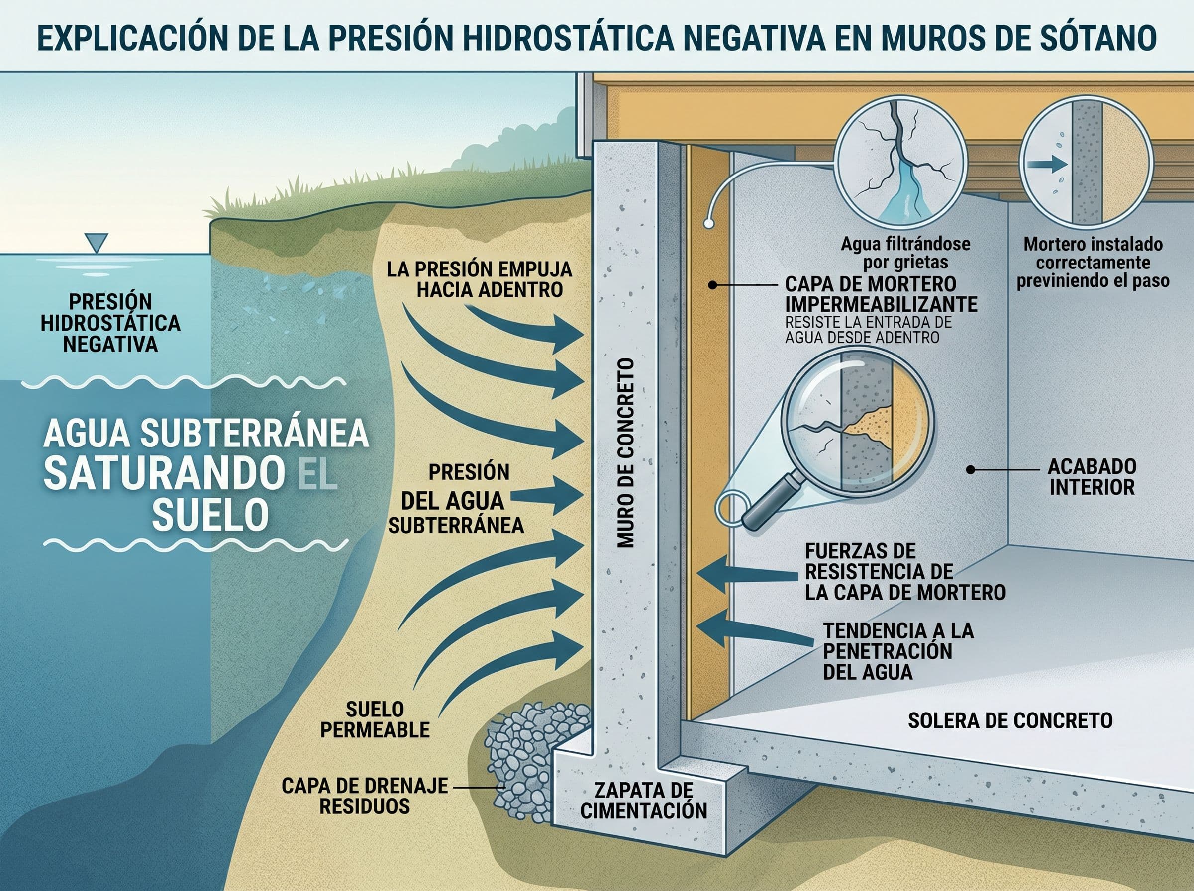 Esquema de la presión negativa del agua del terreno empujando un muro de sótano y el mortero osmótico interior que la resiste