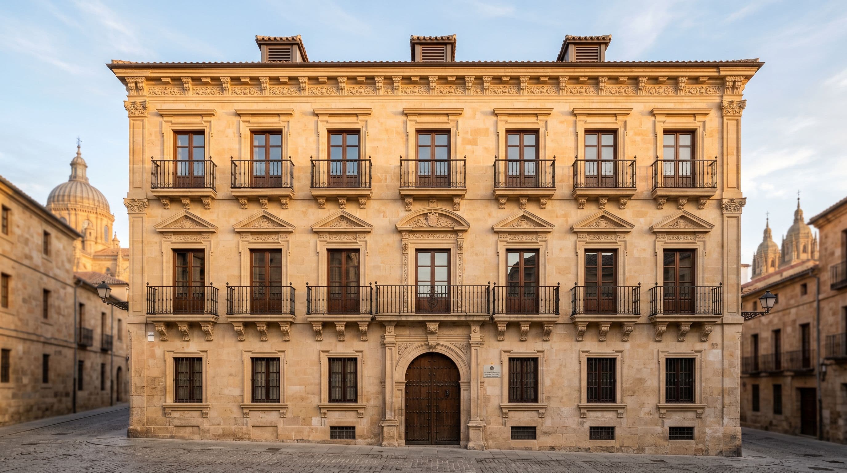 Fachada de edificio histórico protegido restaurada y revestida con piedra