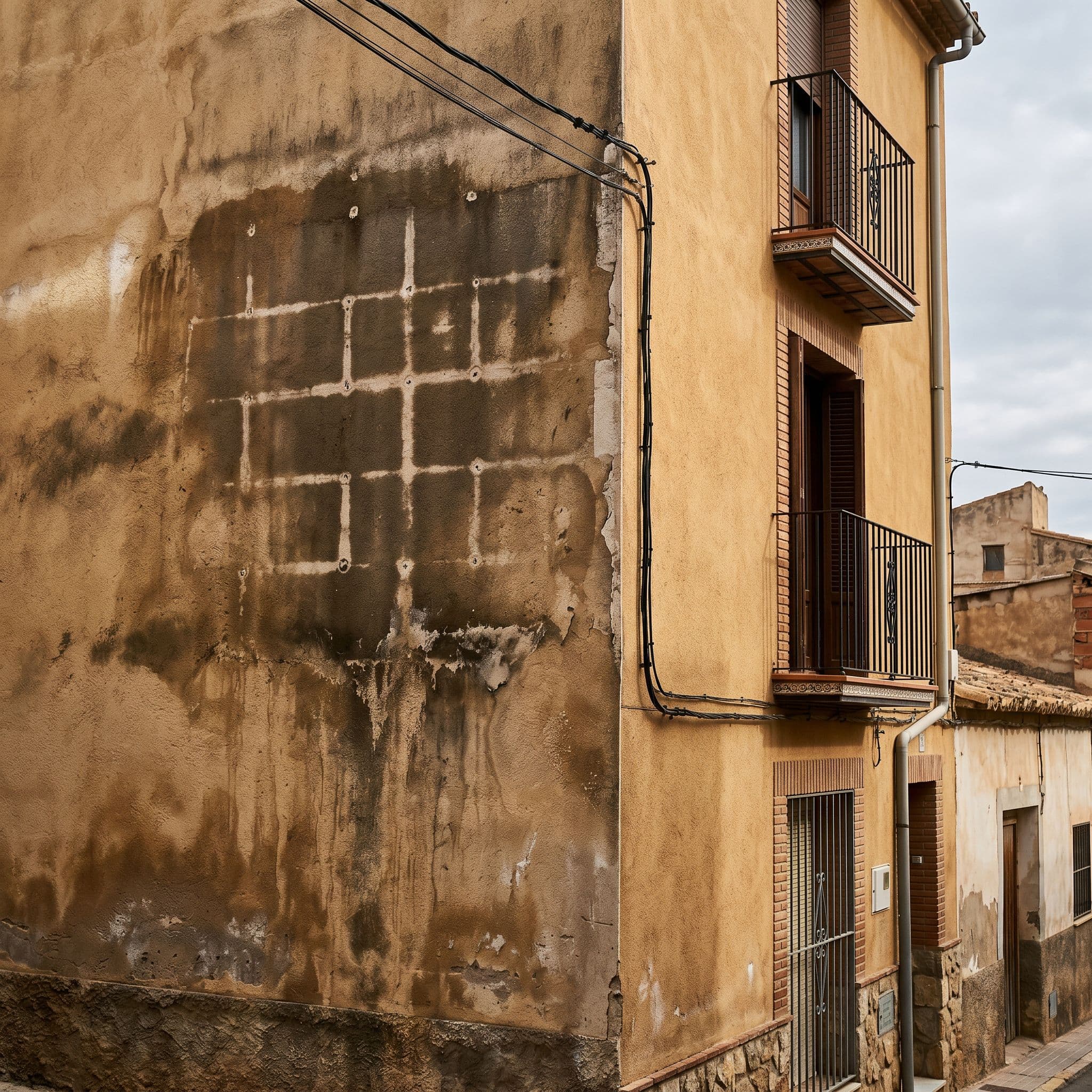 Fachada SATE con zona oscurecida y patrón térmico anormal por saturación del aislamiento interior