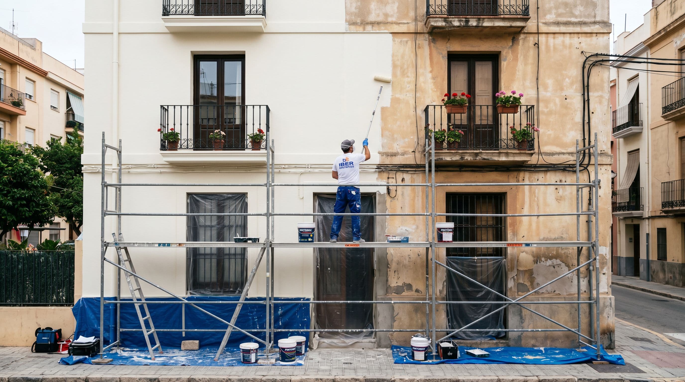 Fachada vivienda española siendo pintada por un profesional 