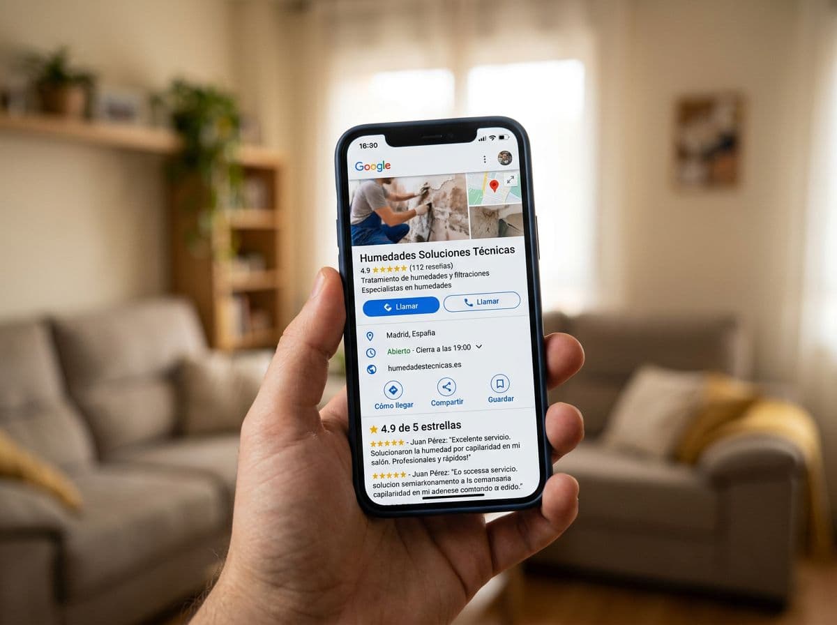 Móvil mostrando una ficha de Google Business con reseñas de cinco estrellas de una empresa de servicios del hogar