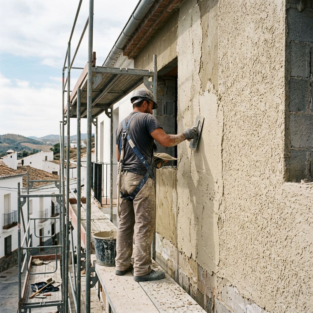 Aplicación de mortero monocapa con llana sobre la fachada de un edificio residencial, con el acabado texturizado visible.