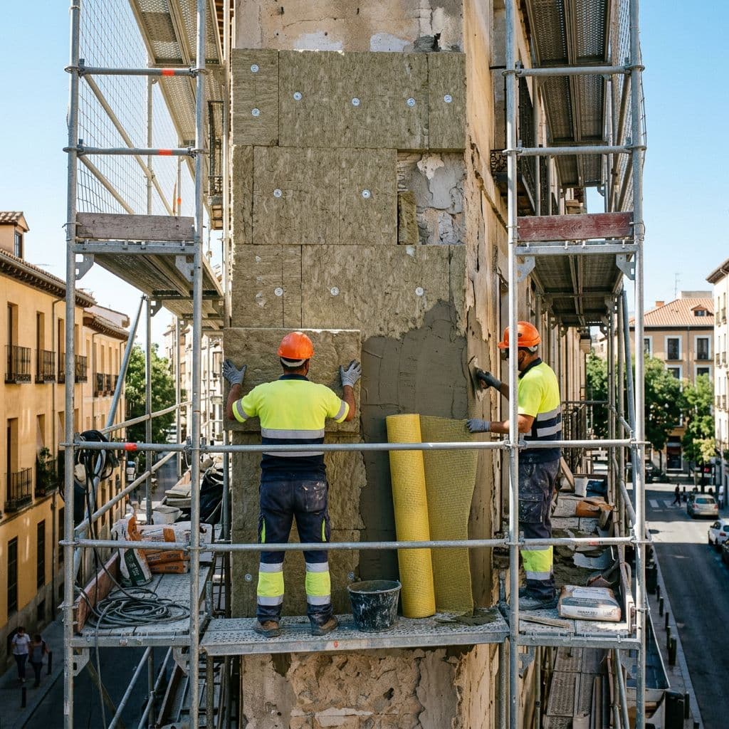 Instalación de sistema SATE en la fachada de un edificio, con paneles de aislamiento y mortero armado con malla antes del revestimiento final.