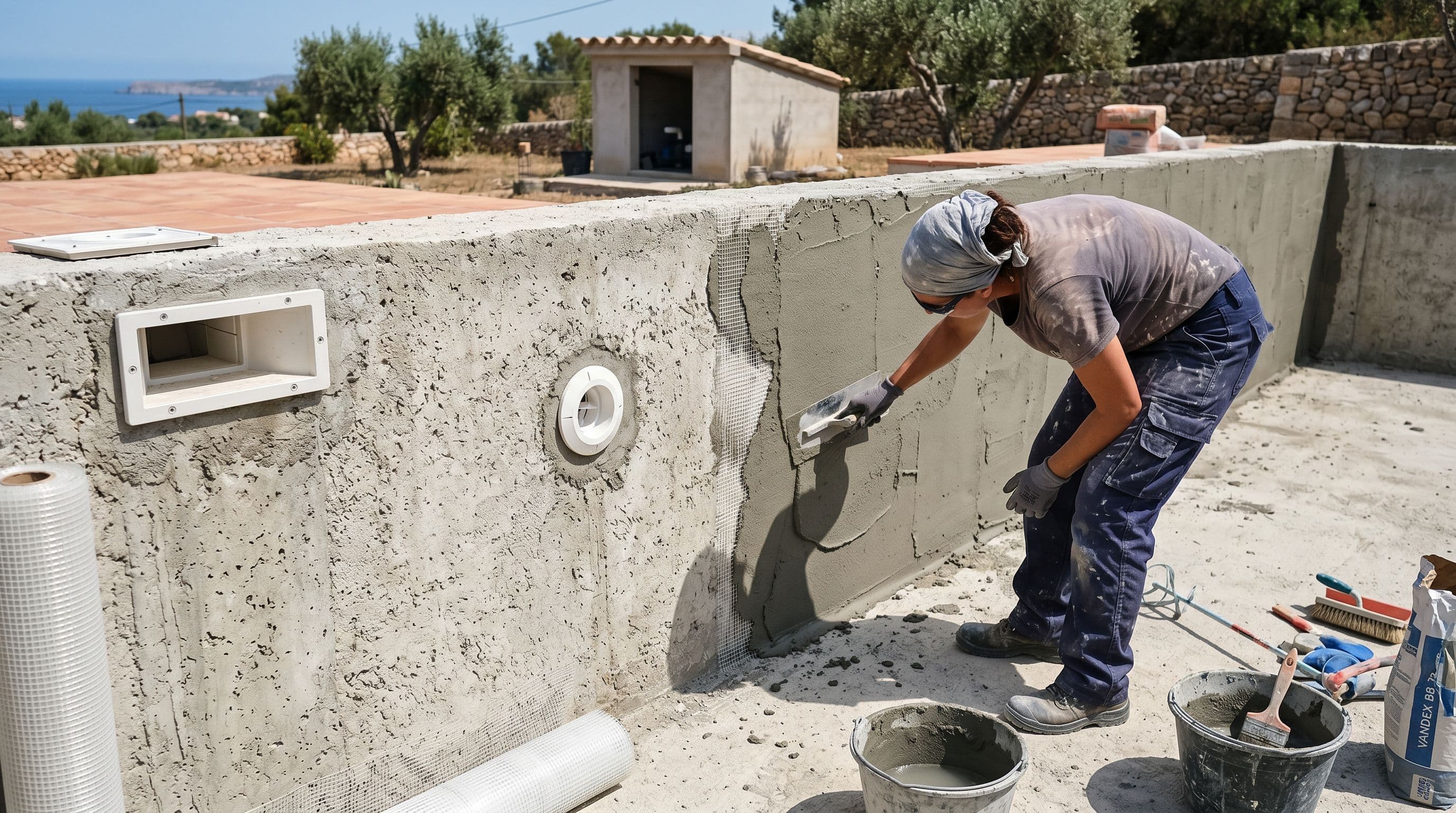 Vaso de piscina de hormigón vaciado durante la impermeabilización con mortero cementoso flexible, con skimmer y boquillas visibles.