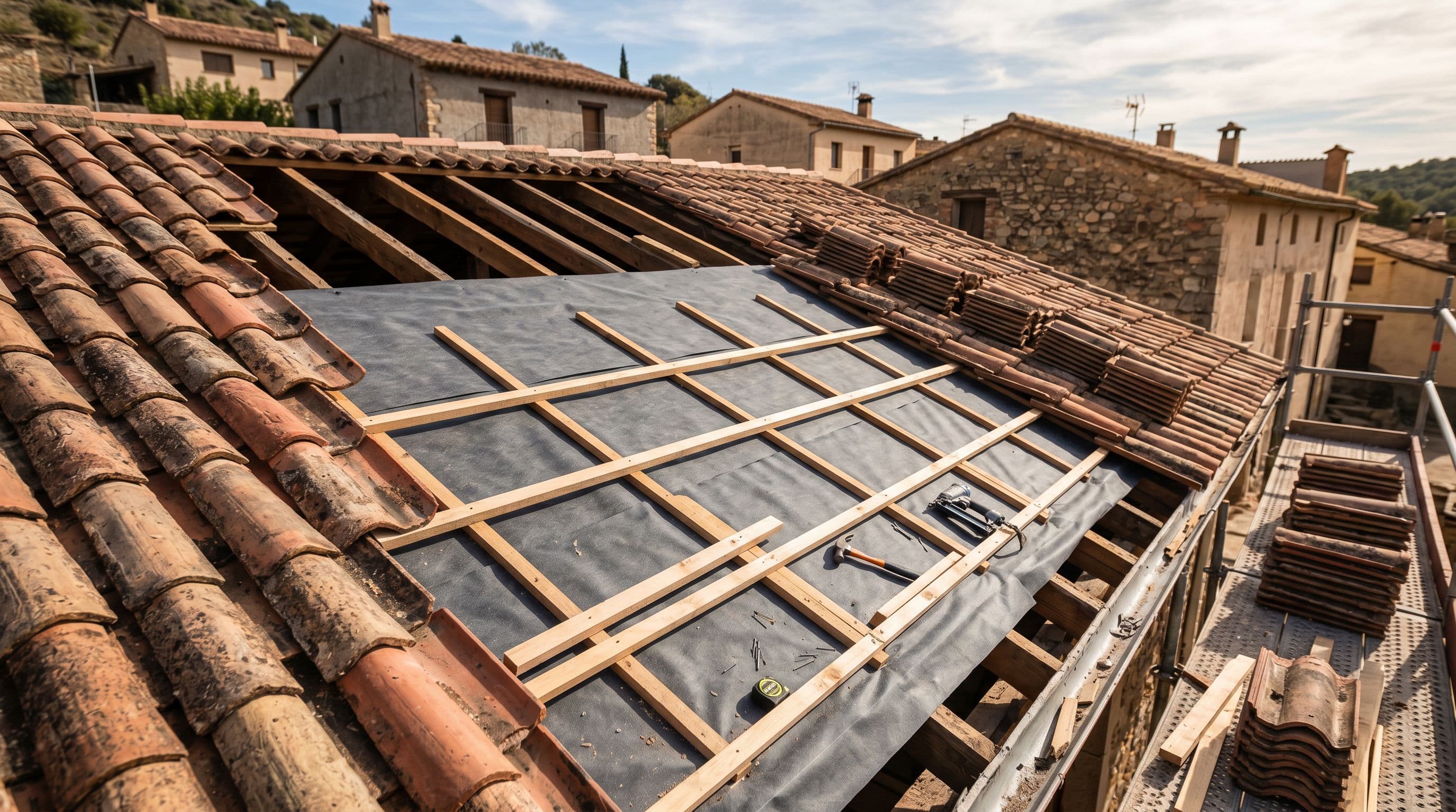 Tejado inclinado de teja cerámica con una zona levantada que muestra la lámina impermeabilizante bajo teja recién instalada sobre el soporte. 