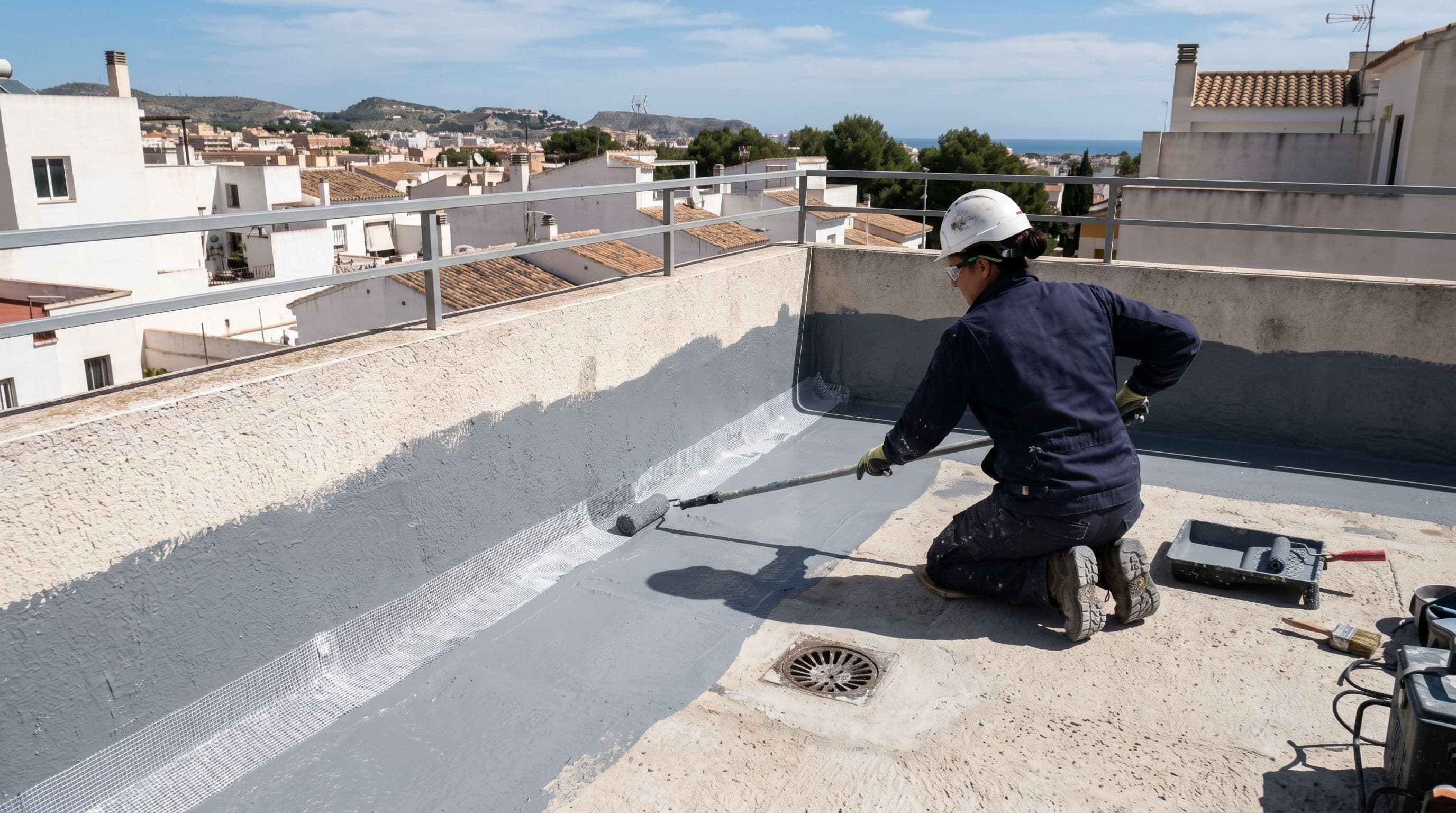 Aplicación de membrana líquida impermeabilizante con rodillo sobre una terraza plana con sumidero y peto perimetral visibles