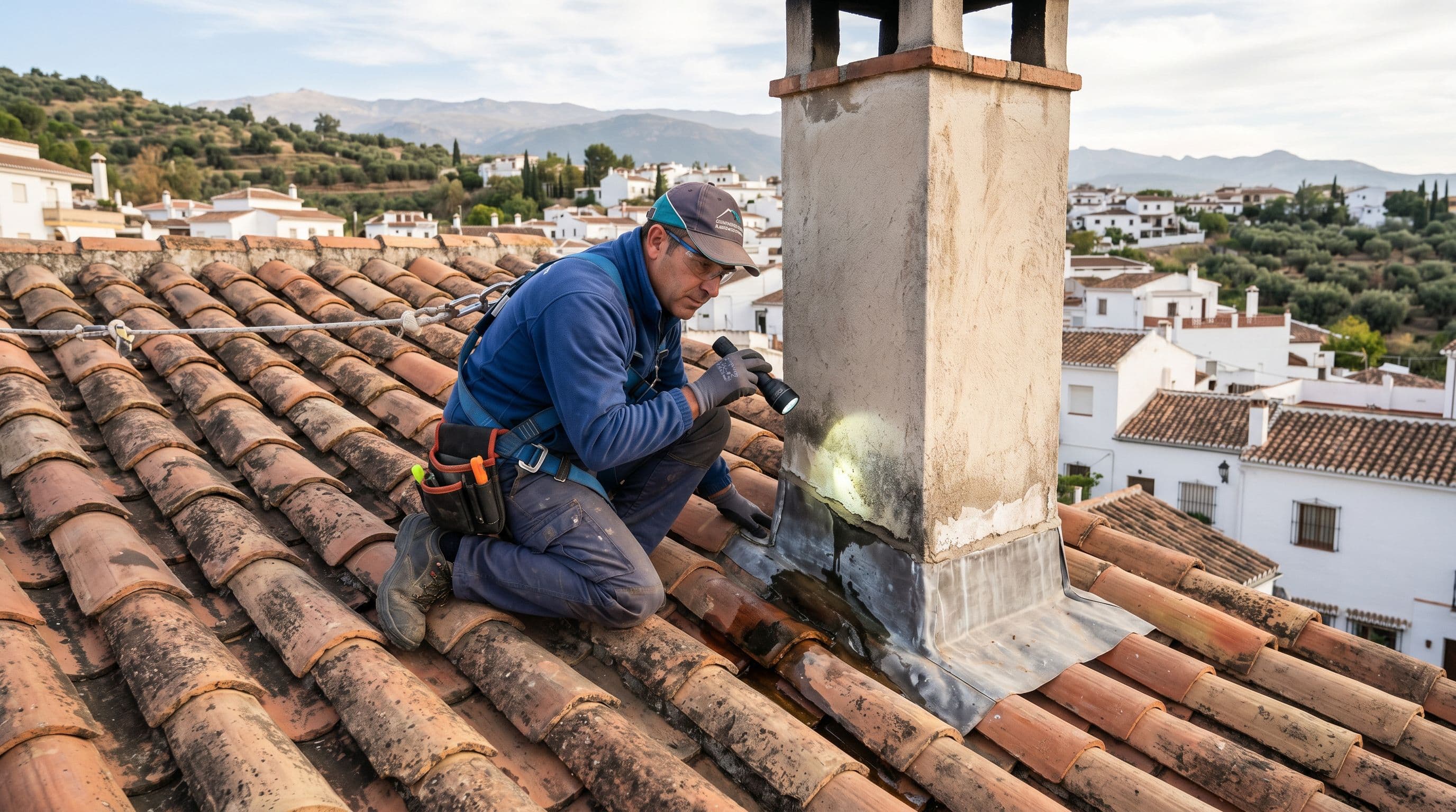 Técnico inspeccionando el punto de filtración de una gotera en un tejado de teja española