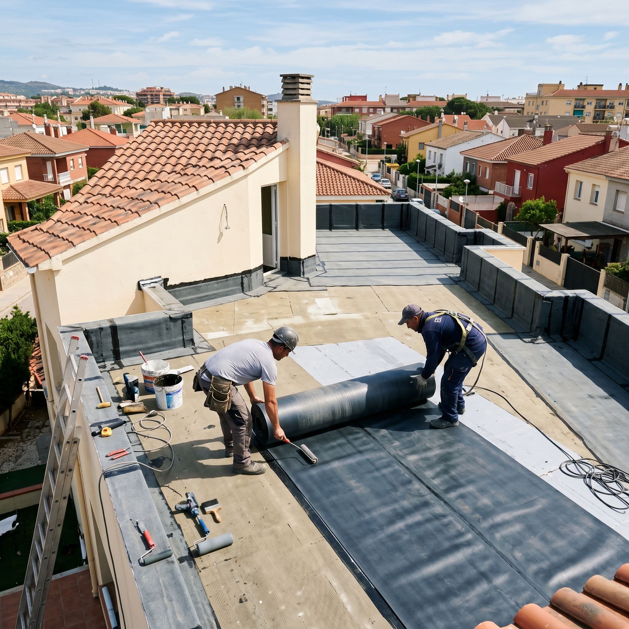 Instalación de lámina EPDM de caucho sobre cubierta plana de edificio residencial