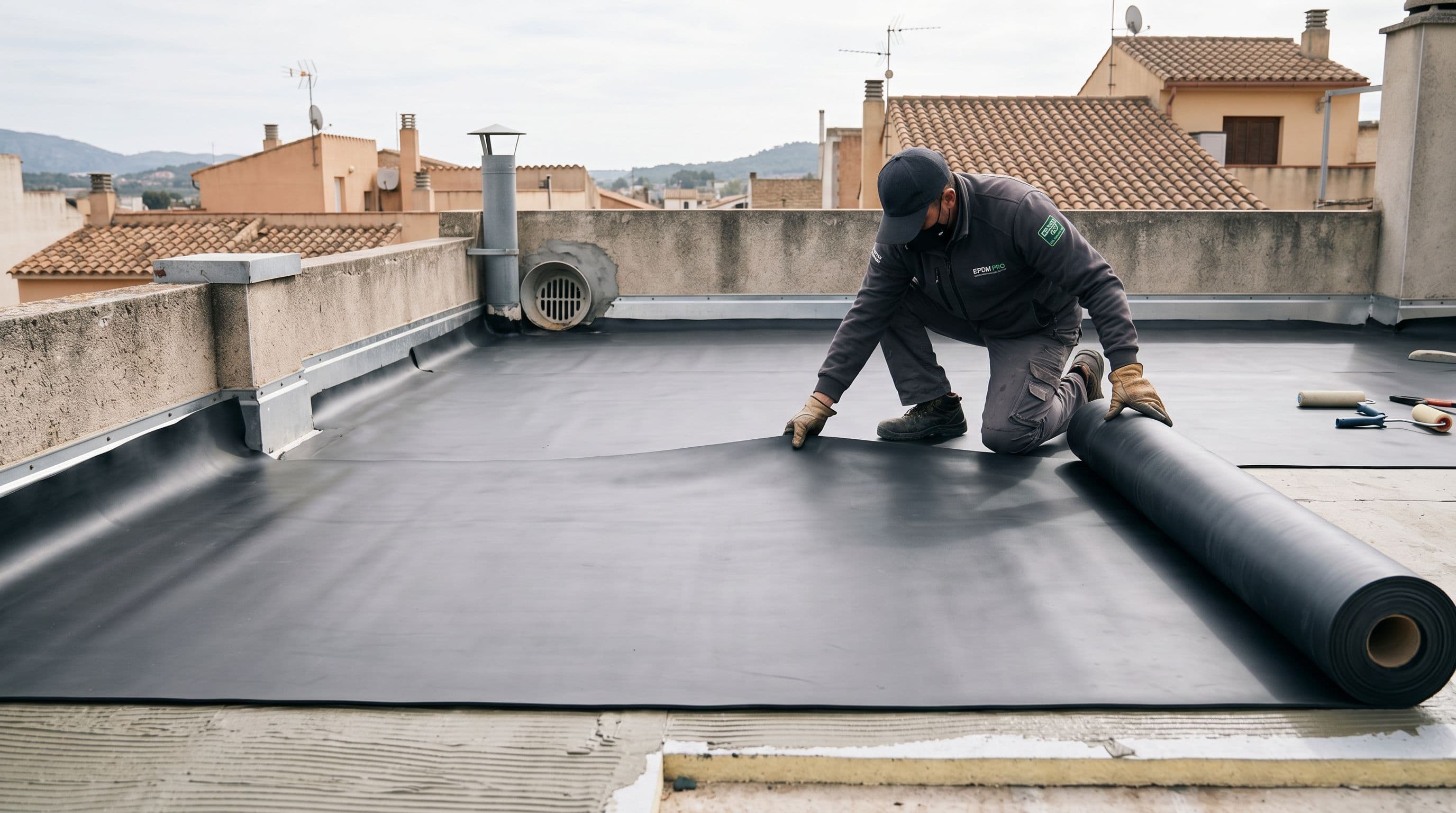 Instalación de lámina EPDM de caucho sintético en una sola pieza sobre cubierta plana sin soplete mostrando la superficie continua sin juntas