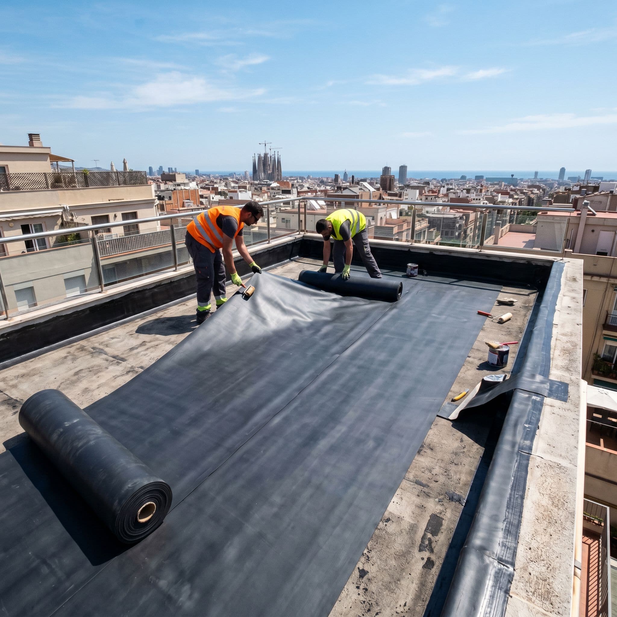 Instalación de lámina EPDM en terraza de ático residencial con vistas a la ciudad