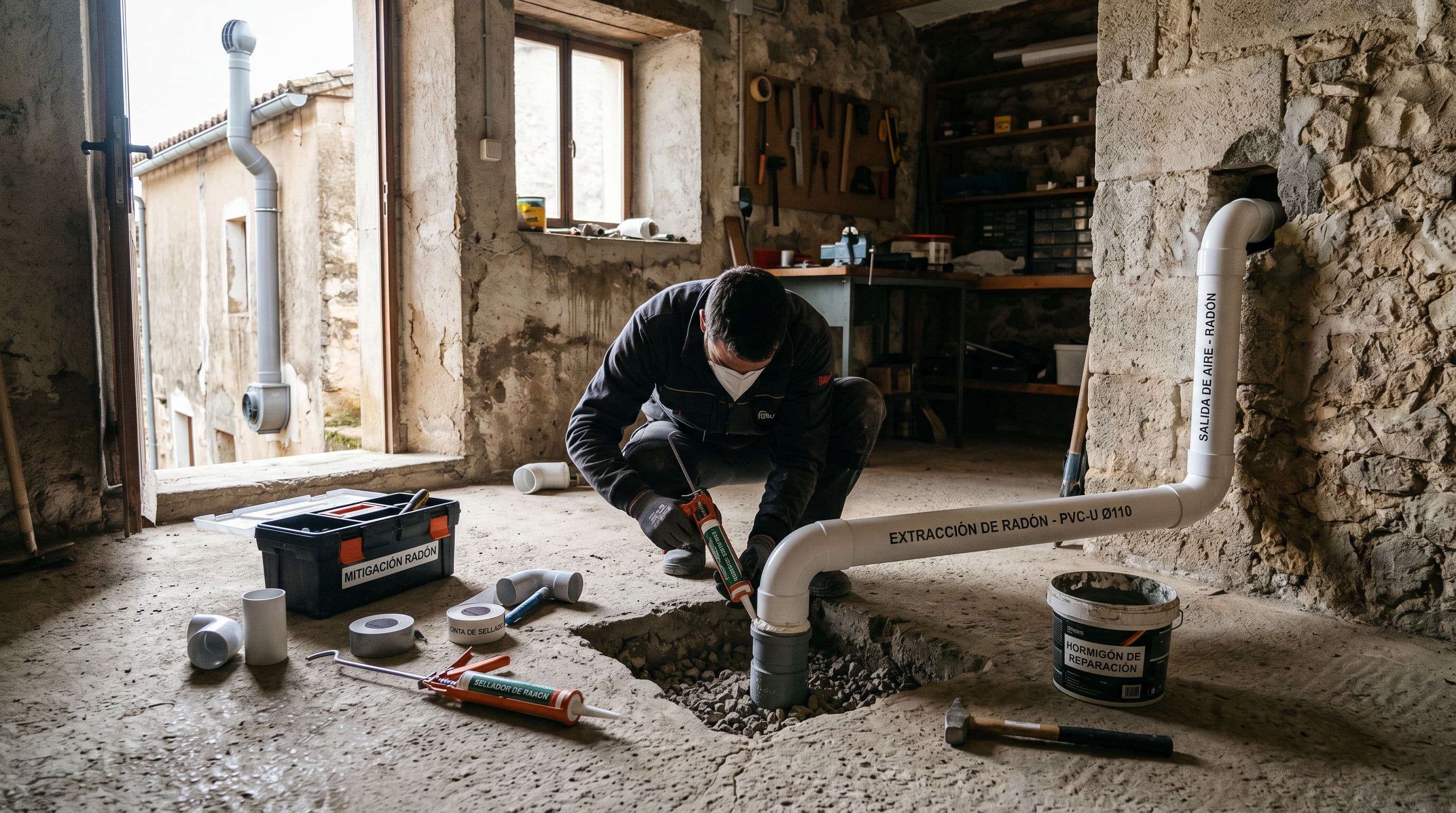 Instalación profesional de un sistema de despresurización del terreno para eliminar el gas radón en una vivienda unifamiliar