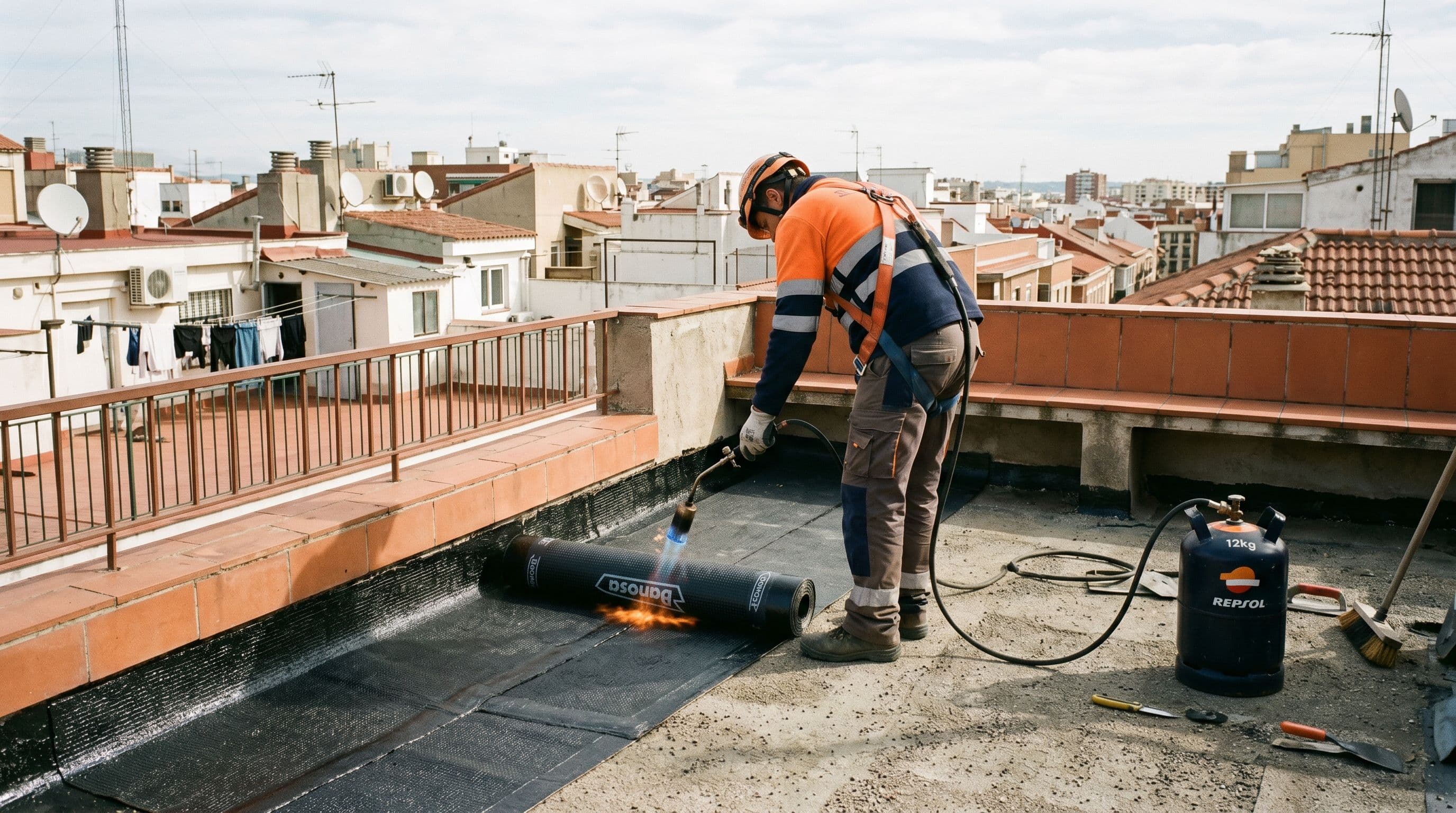 Instalación profesional de tela asfáltica SBS con soplete sobre azotea plana española mostrando solapes y soldadura de la lámina bituminosa