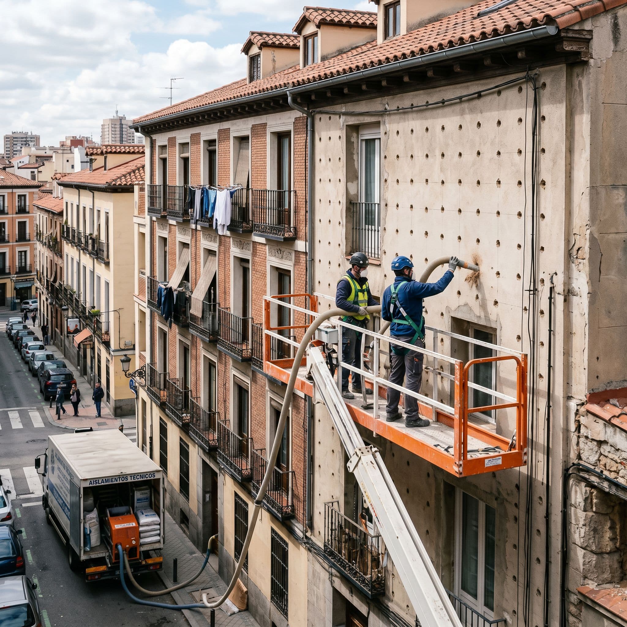 Insuflado del aislamiento en la fachada completa de un edificio residencial en comunidad desde plataforma