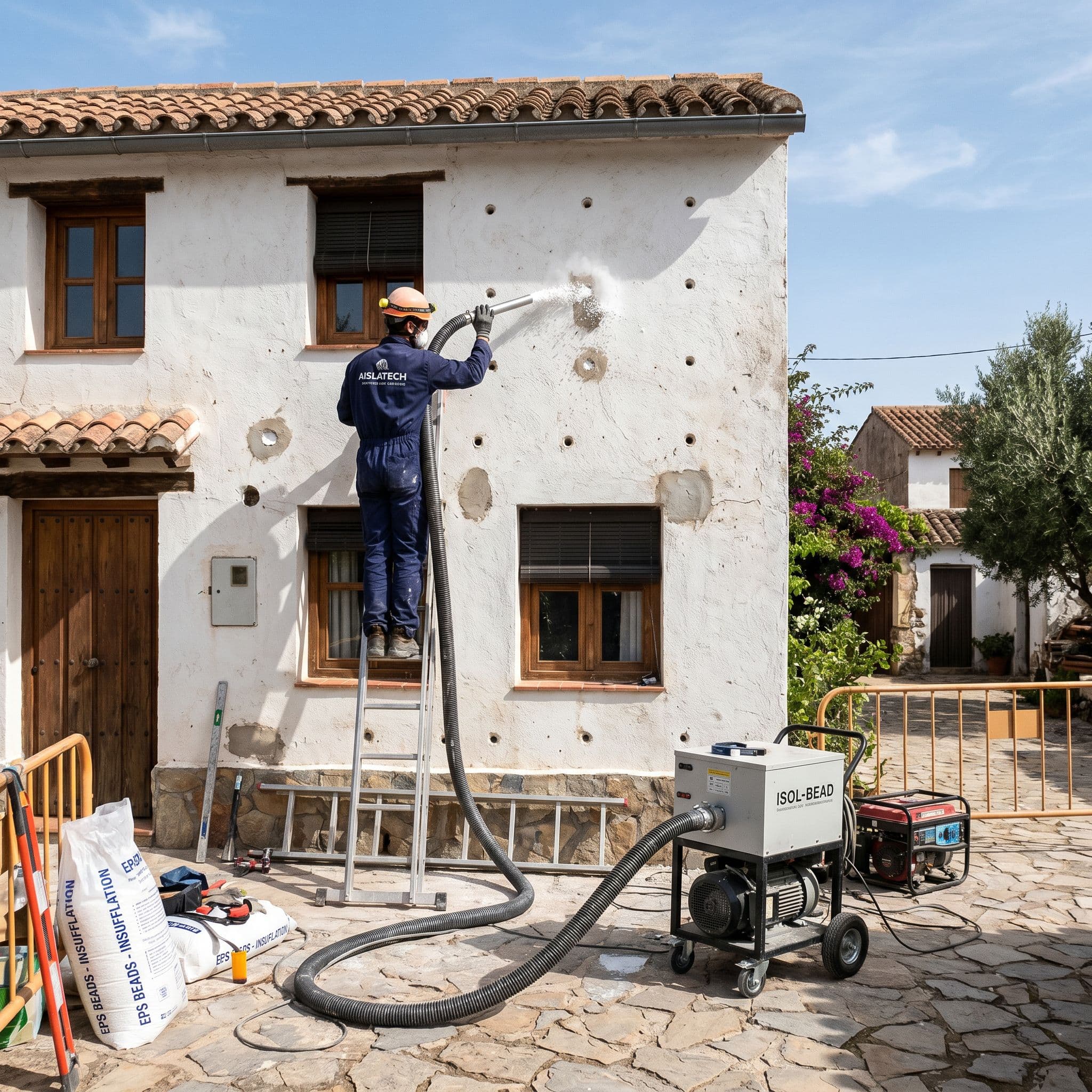 Insuflado de perlas de poliestireno en la fachada de una vivienda unifamiliar con máquina a presión