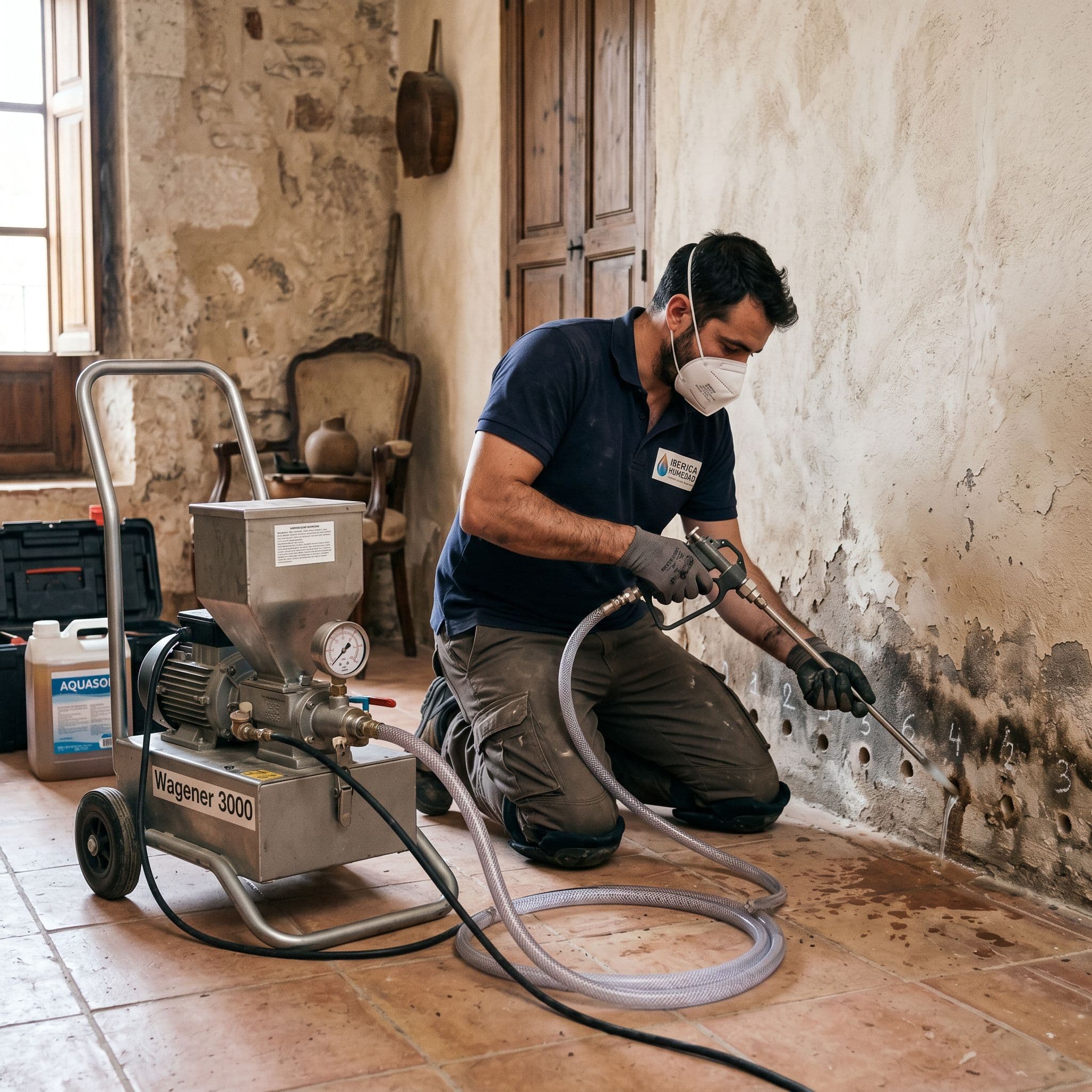 Inyección profesional de resina hidrofugante a presión en perforaciones de base de muro