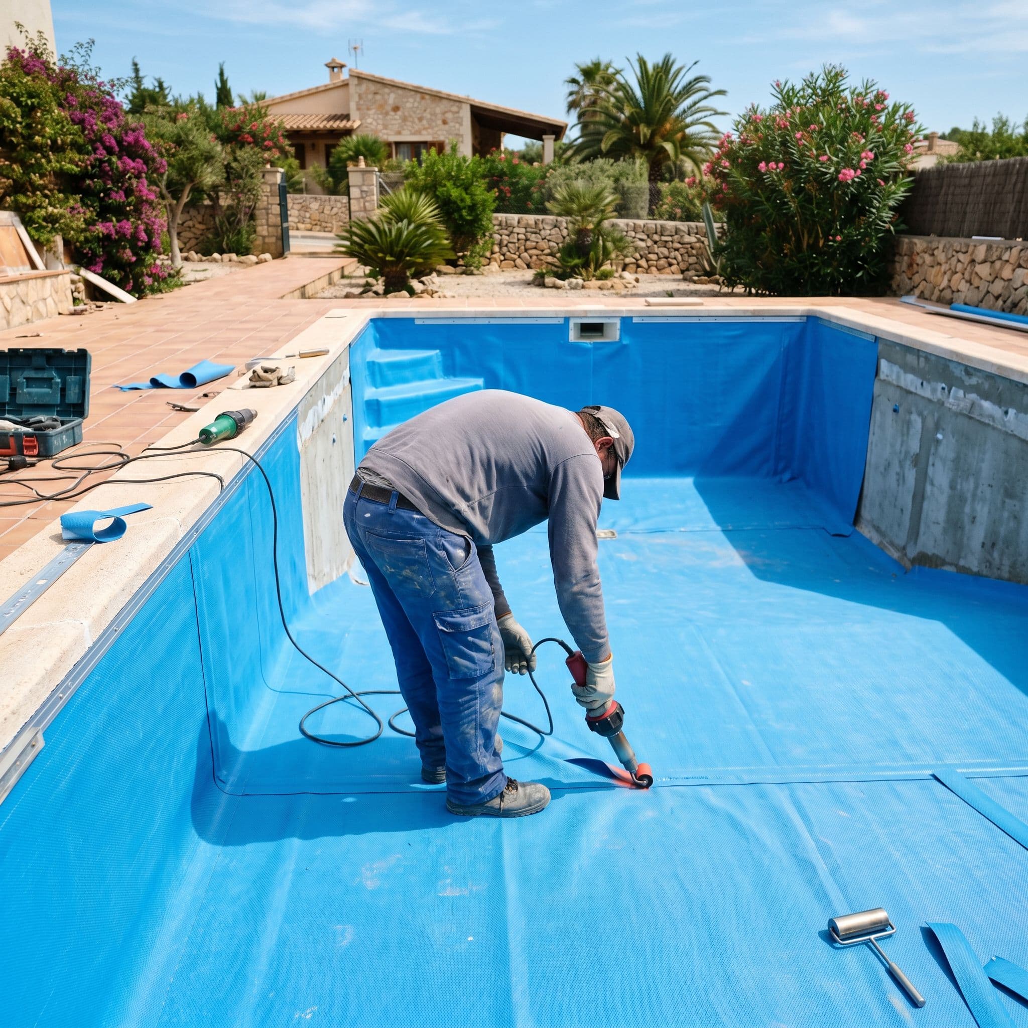 Lámina armada de PVC azul soldada en el interior de una piscina como impermeabilización y acabado a la vez