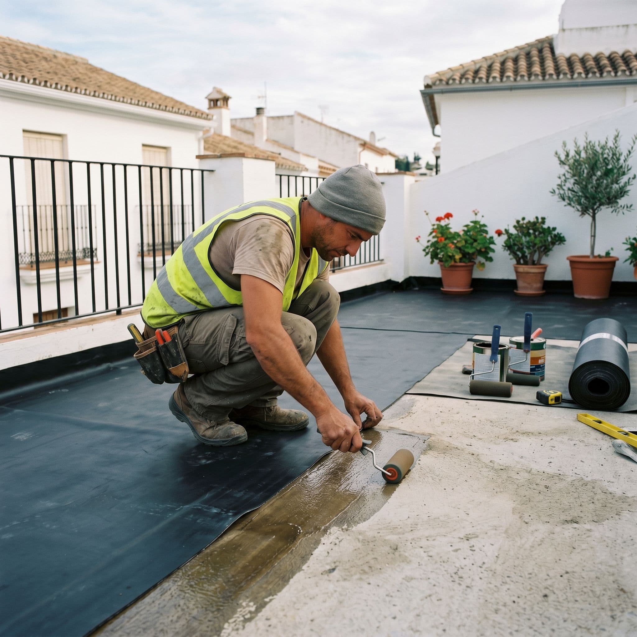 Lámina EPDM adherida con adhesivo de neopreno sobre terraza con pendiente mostrando la membrana de caucho totalmente pegada al soporte