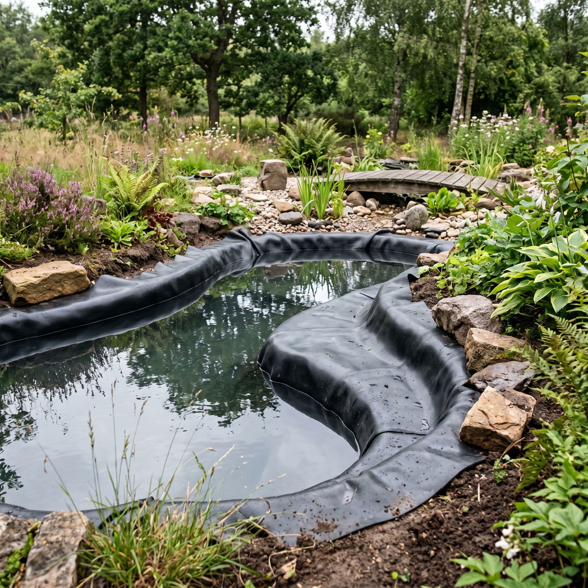 Lámina EPDM revistiendo un estanque de jardín adaptándose a la forma irregular gracias a su elasticidad para impermeabilización de balsas