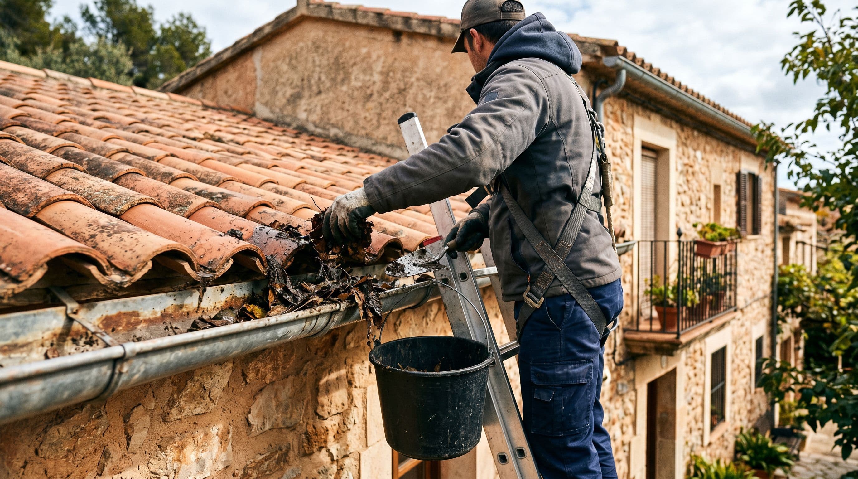 Limpieza de un canalón retirando hojas y sedimentos acumulados en el alero del tejado de una vivienda
