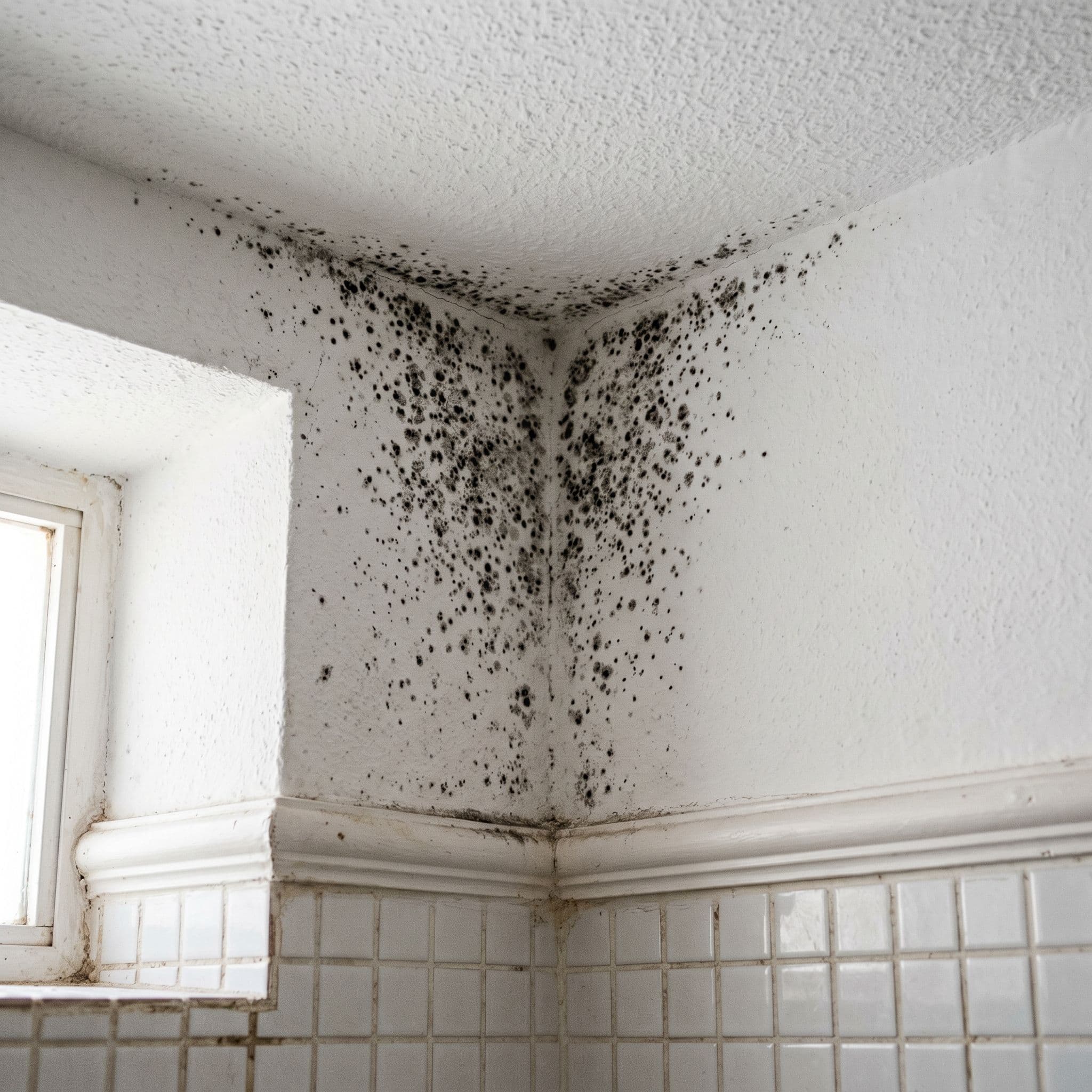 Mancha incipiente de moho negro en esquina de baño con pintura intacta sin daño
