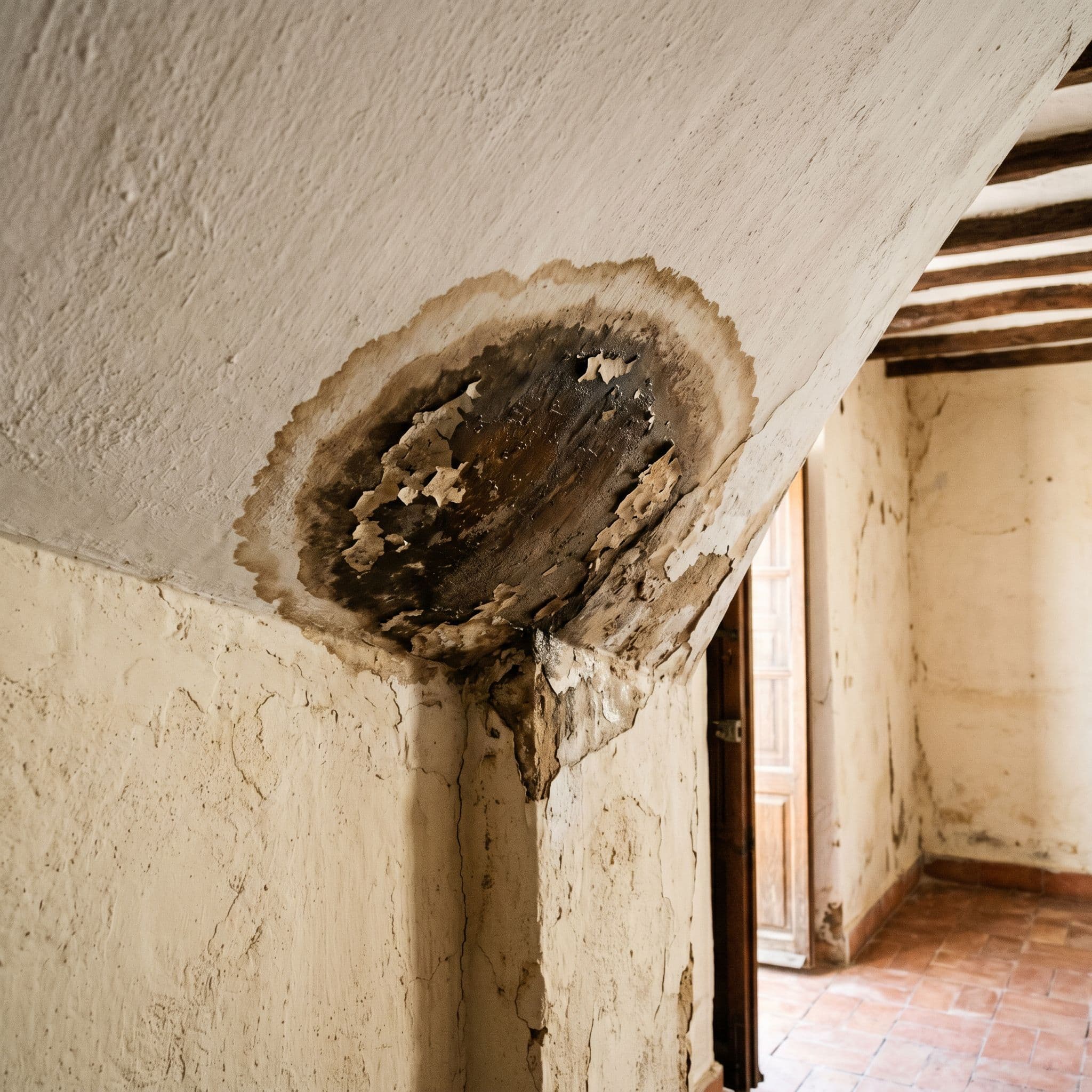 Mancha localizada con perímetro definido en techo causada por filtración desde el baño del vecino superior