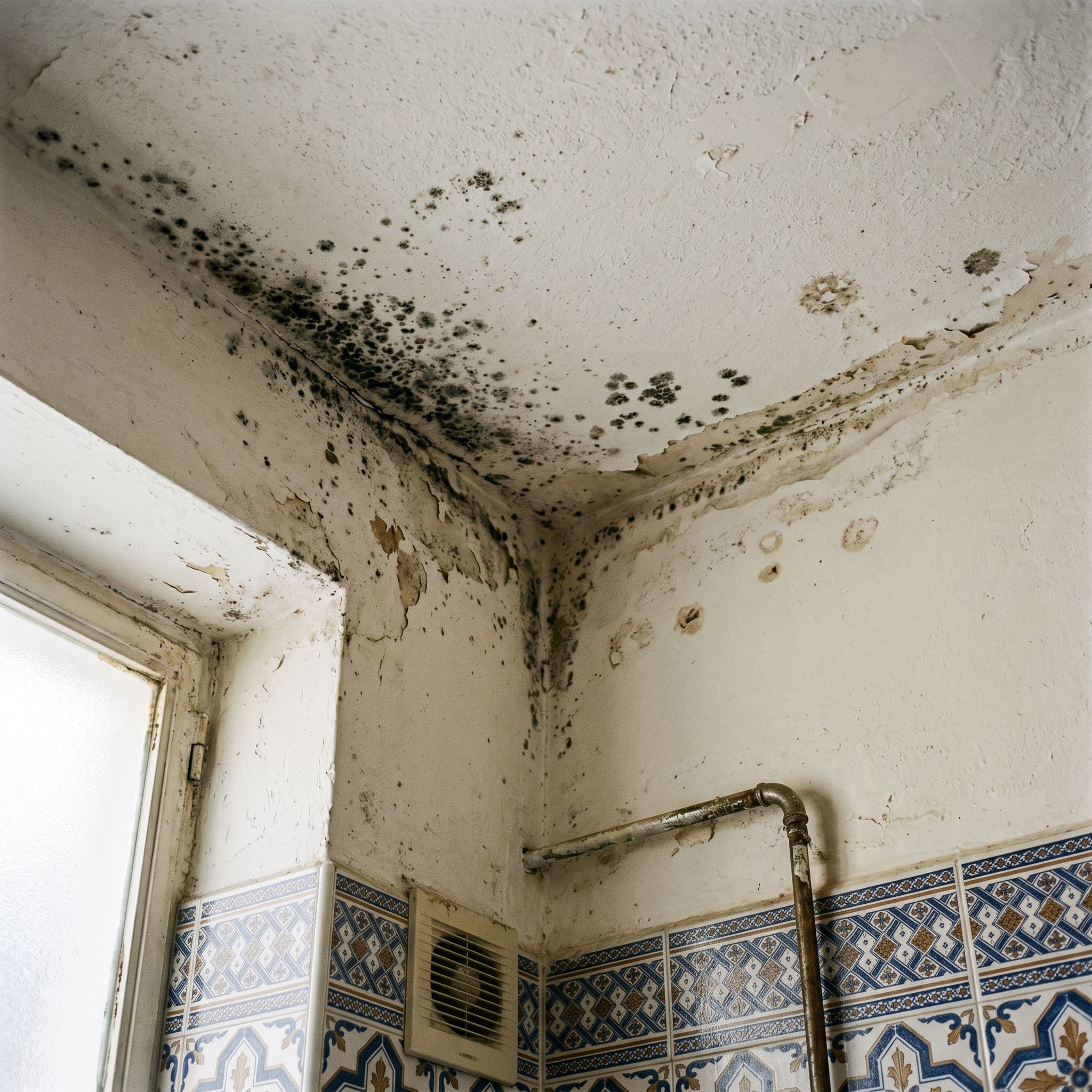 Manchas de moho por condensación en esquinas del techo del baño donde se encuentra la pared con el techo