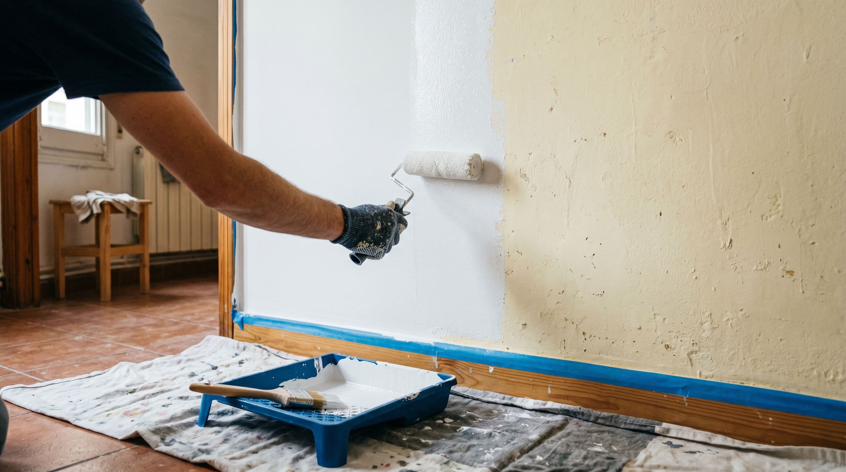 Mano aplicando pintura rodillo pared española vivienda residencial rodillo medio