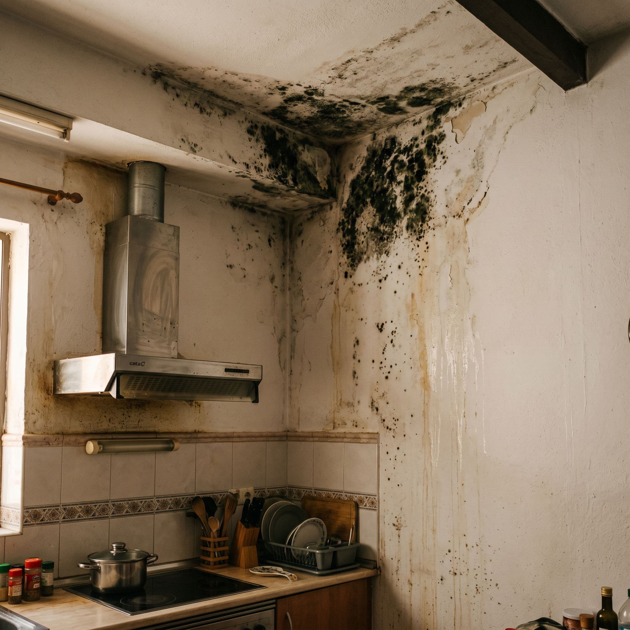 Moho por condensación crónica en encuentro pared-techo de cocina detrás de campana extractora
