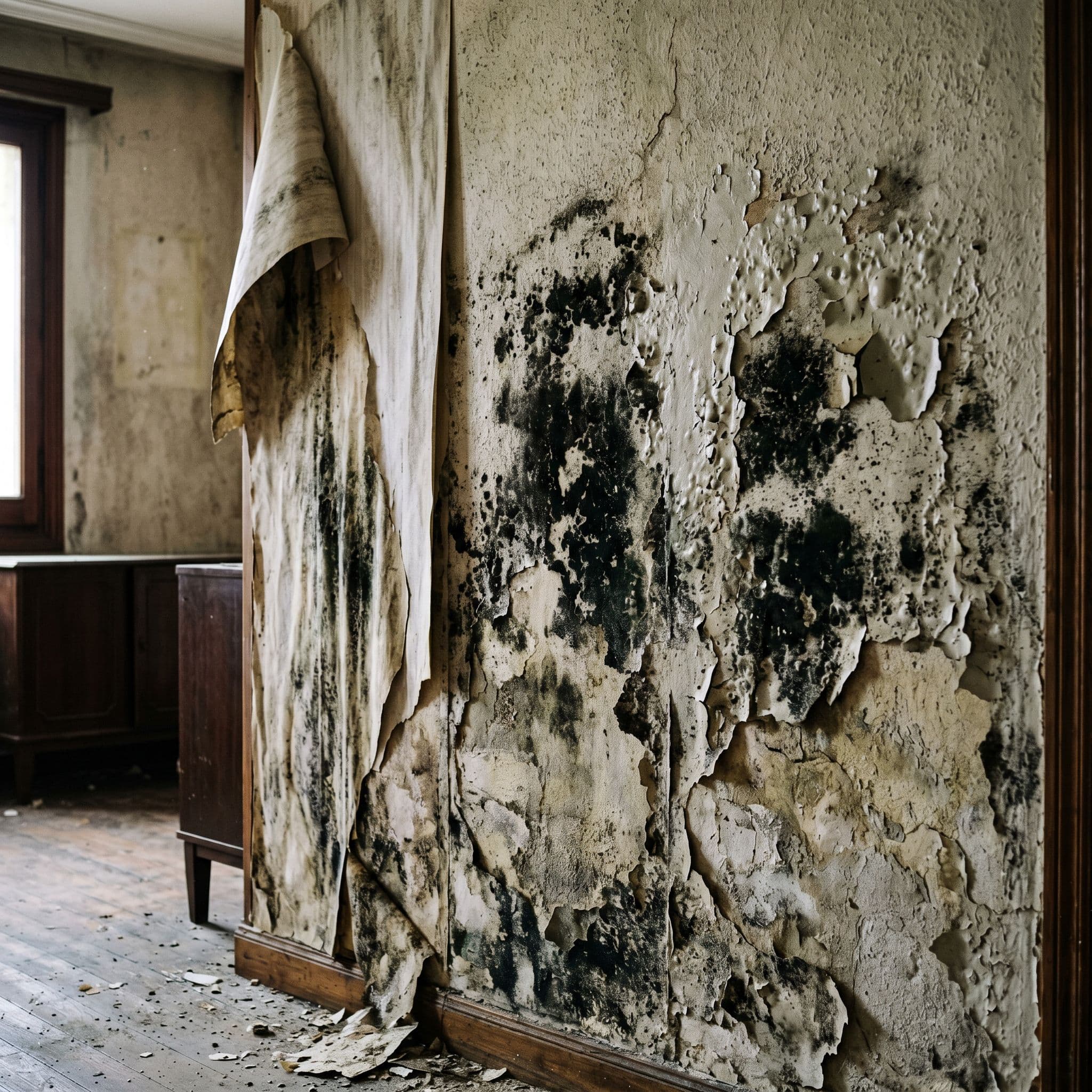 Moho con daño estructural y pintura abombada y despegada en pared interior