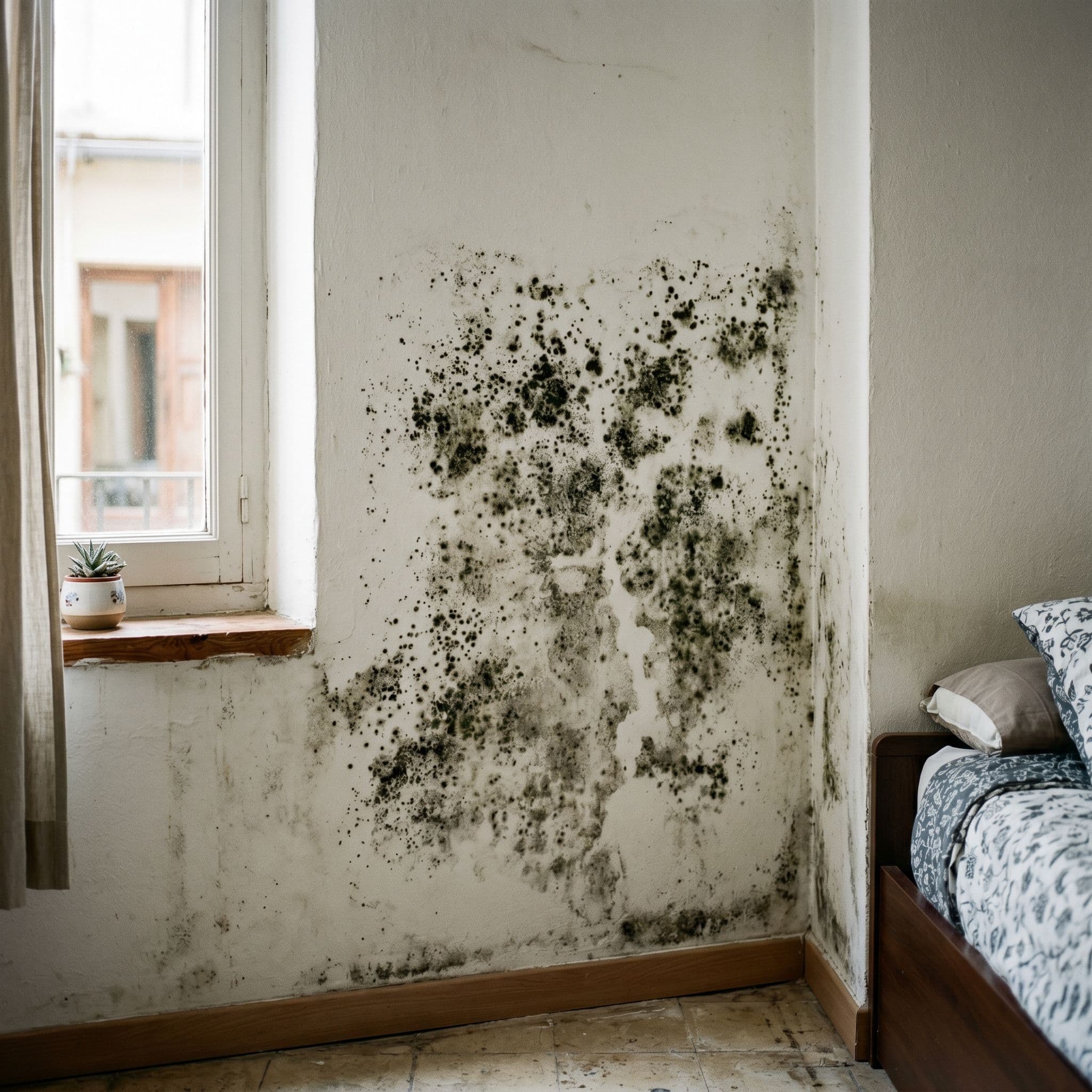 Moho extendido en pared de dormitorio sin daño estructural del revestimiento